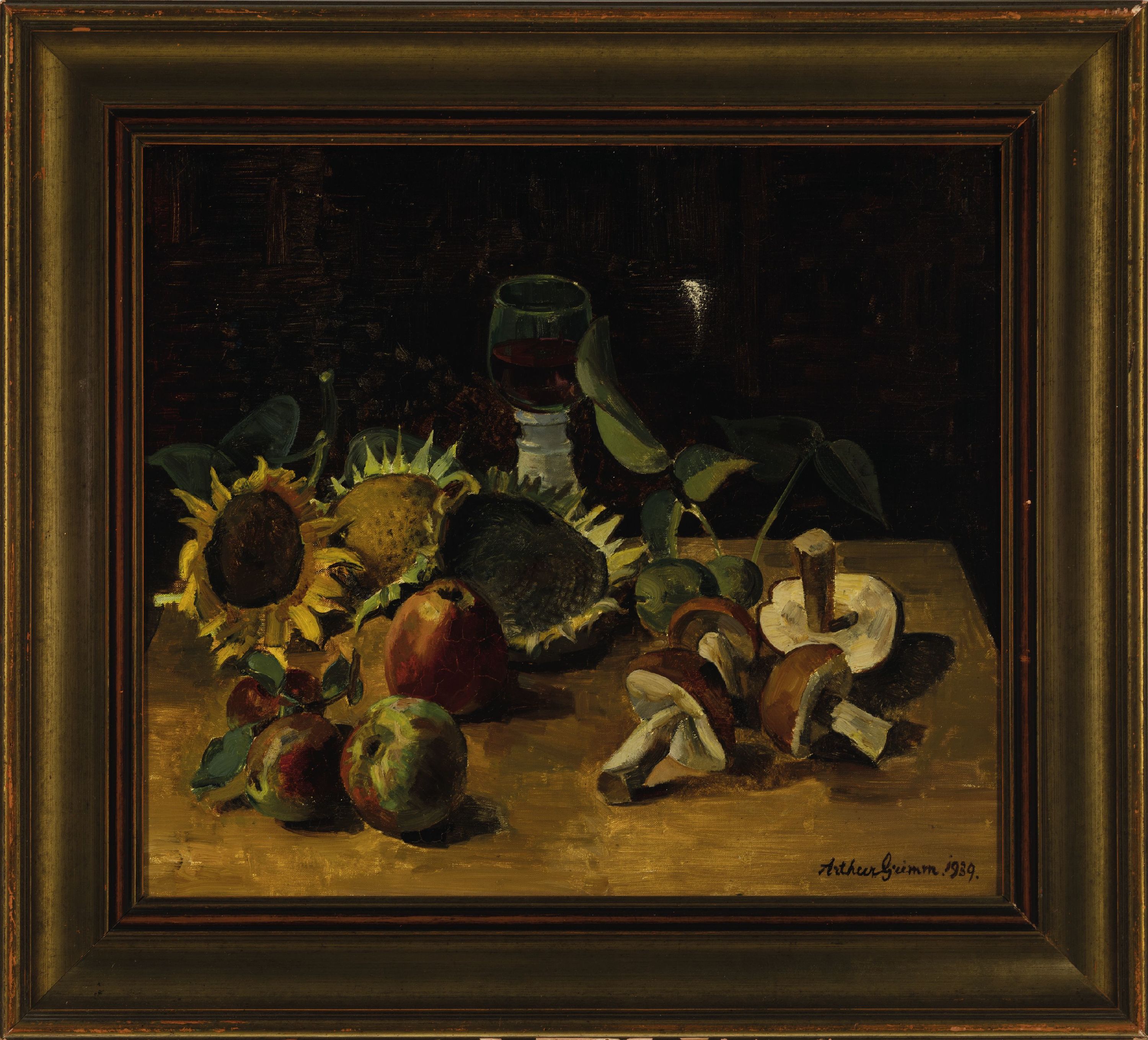 Detail k: Arthur Grimm, 1883 Mudau-1948 Karlsruhe, Stillleben mit Sonnenblumen, Äpfel, Pilzen und Weinglas, Öl/Lwd, rechts unten sign. und dat. 1939, ...