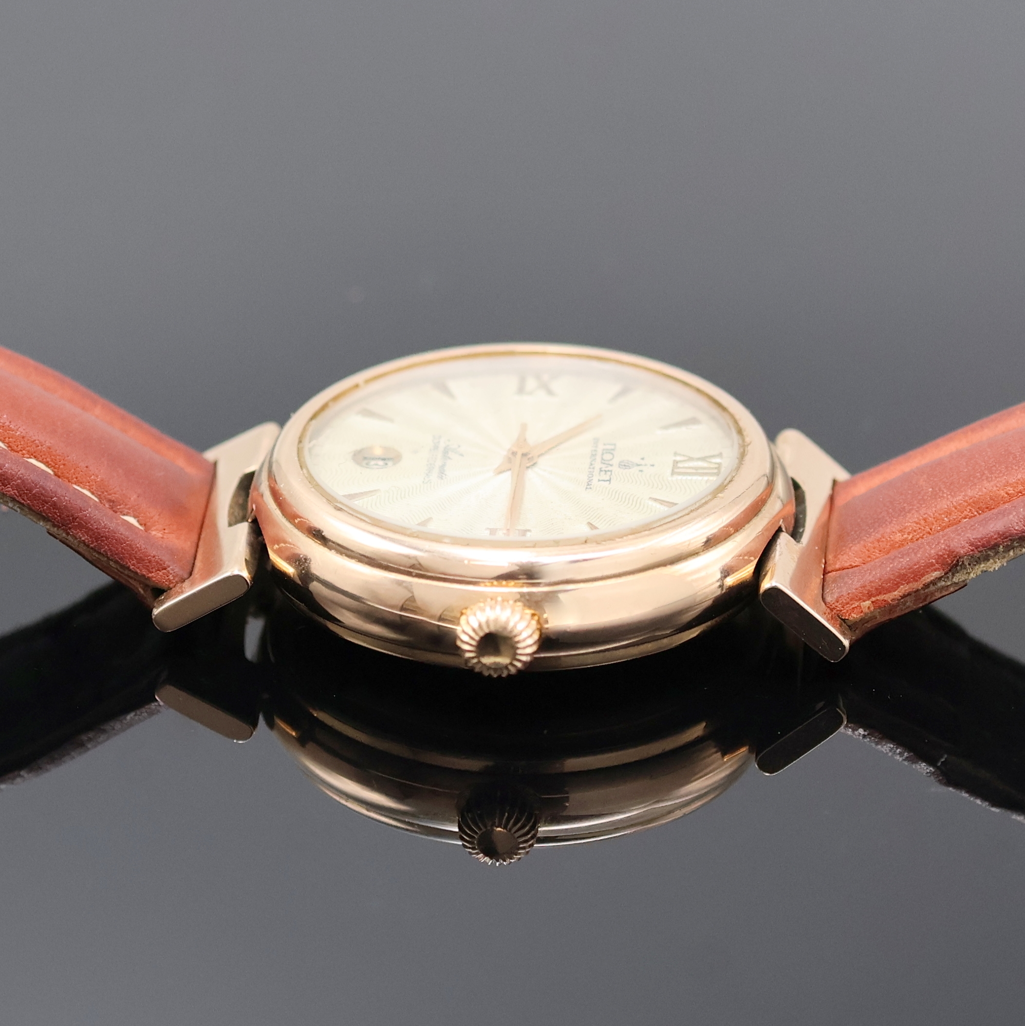 Detail c: POLJOT Herrenarmbanduhr in RG 585/000, Russland für den deutschen Markt um 1990, Automatik, Boden aufgedr., silb. strukt. Zifferbl. pat./fl., gold. ...