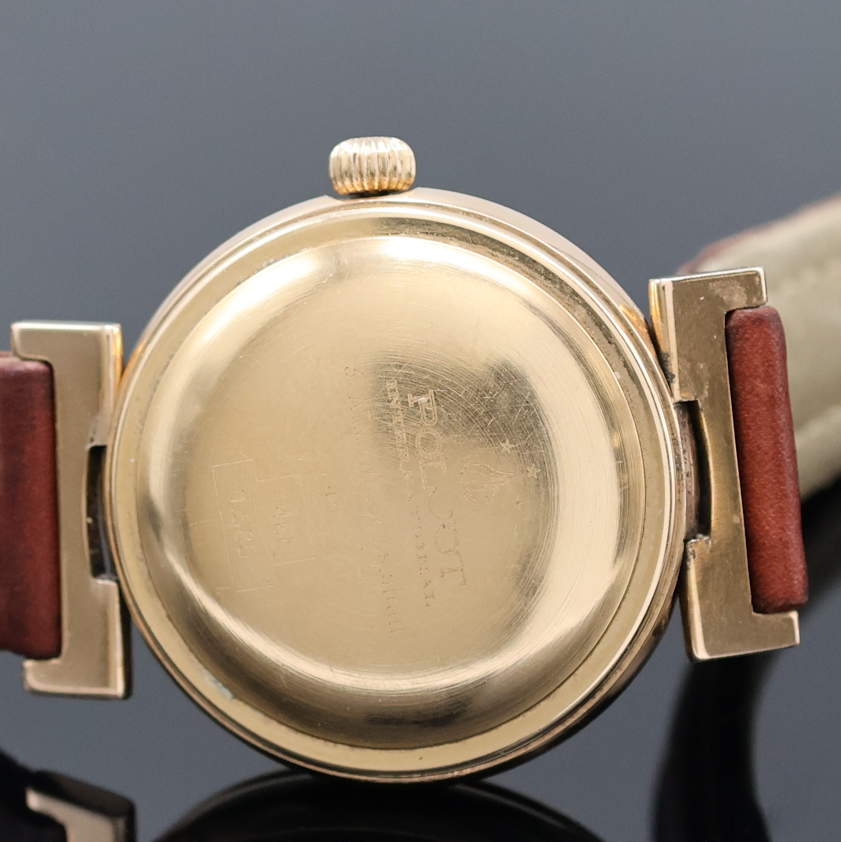 Detail d: POLJOT Herrenarmbanduhr in RG 585/000, Russland für den deutschen Markt um 1990, Automatik, Boden aufgedr., silb. strukt. Zifferbl. pat./fl., gold. ...