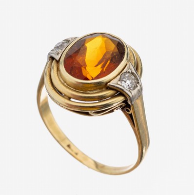 Image 14 kt Gold Citrin-Diamant-Ring, GG 585/000 gepr., ovaler getreppter Ringkopf, mittig ...