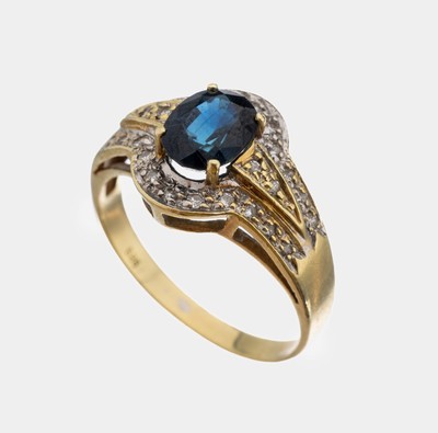 Image 14 kt Gold Saphir-Brillant-Ring, GG/WG 585/000, mittig erhaben gefasster ovalfacett. ...