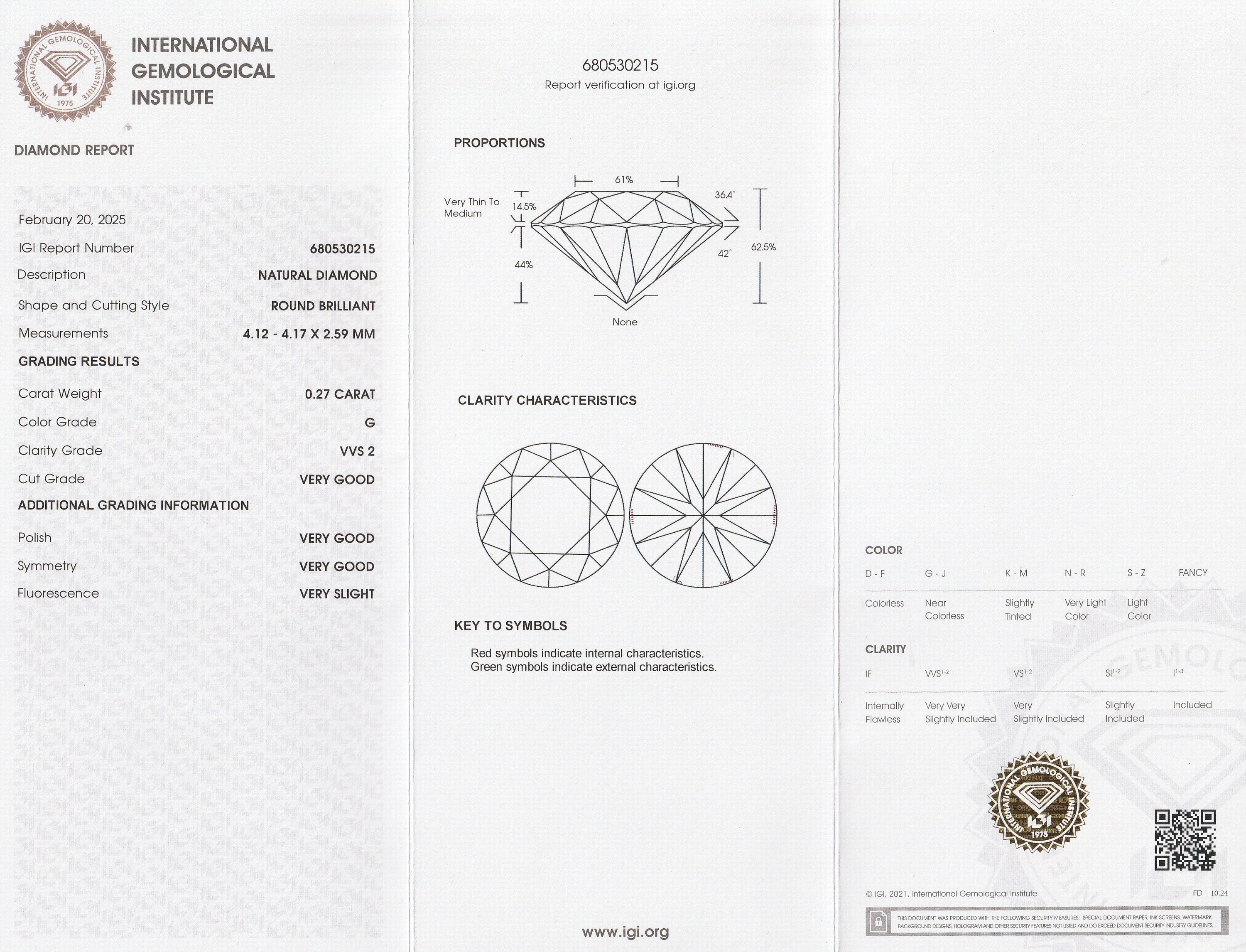 Detail a: Loser Brillant 0.27 ct feines Weiß(G)/vvs2, mit IGI Expertise, verschweißt