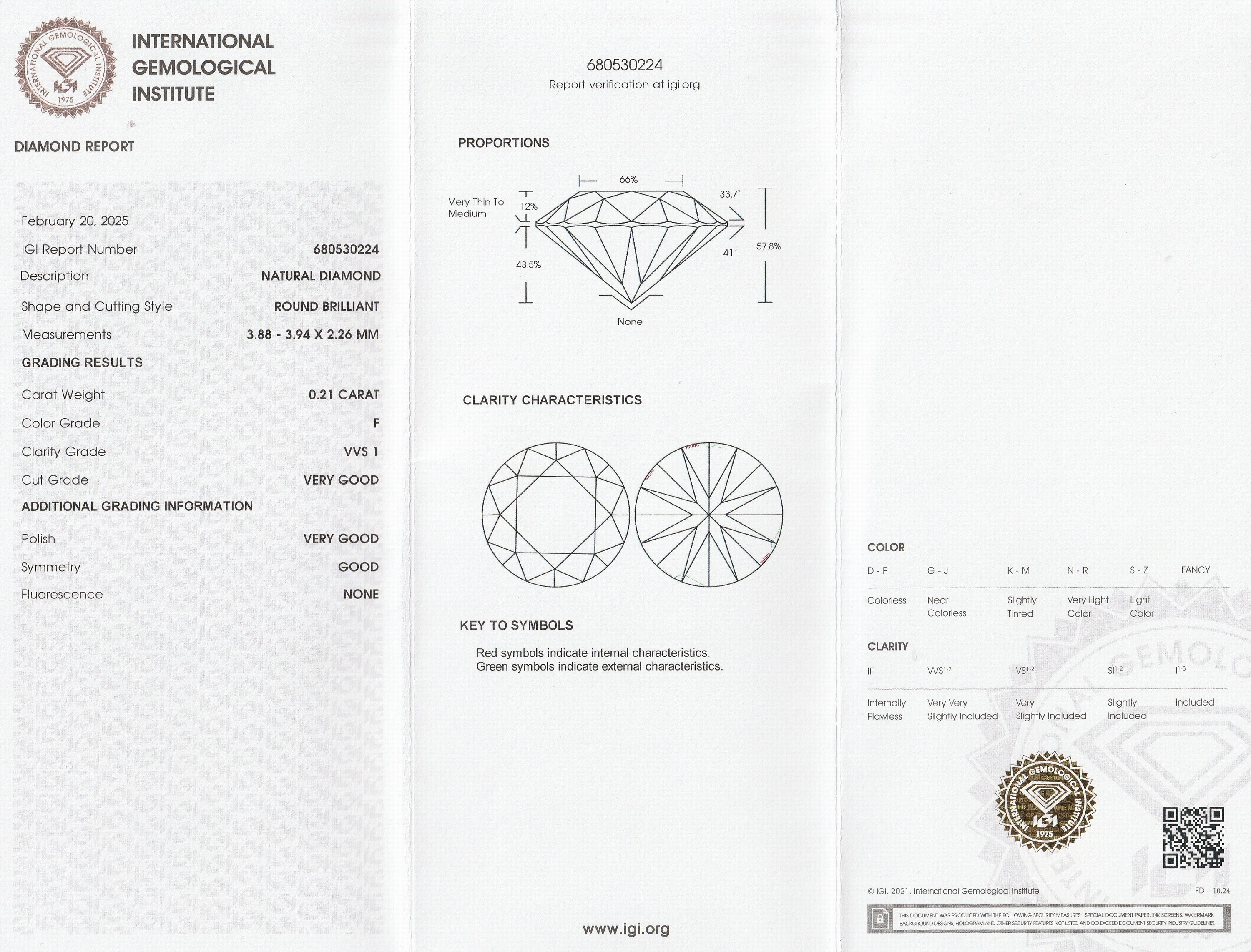 Detail a: Loser Brillant 0.21 ct feines Weiß+(F)/vvs1, mit IGI Expertise, verschweißt