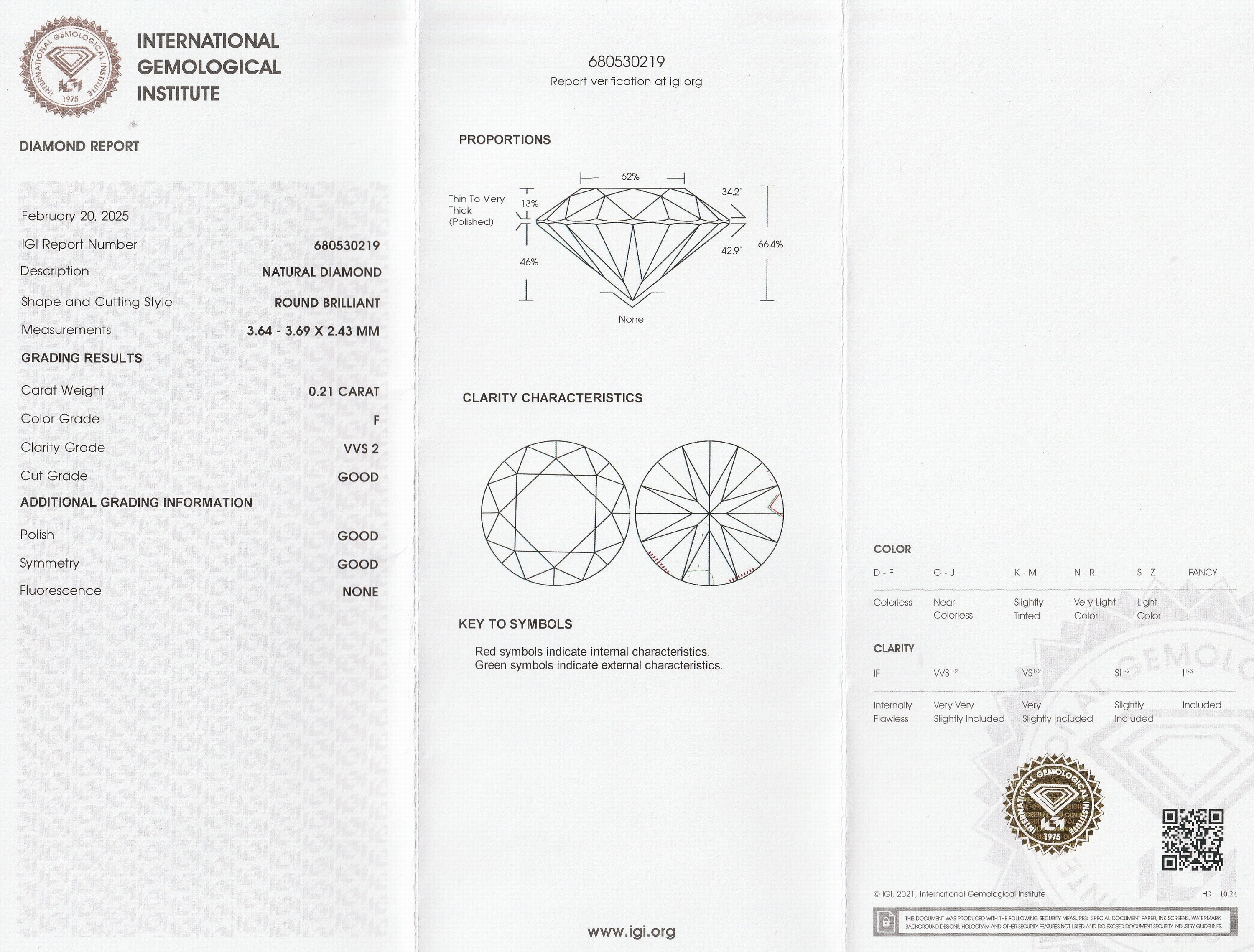Detail a: Loser Brillant 0.21 ct feines Weiß+(F)/vvs2, mit IGI Expertise, verschweißt