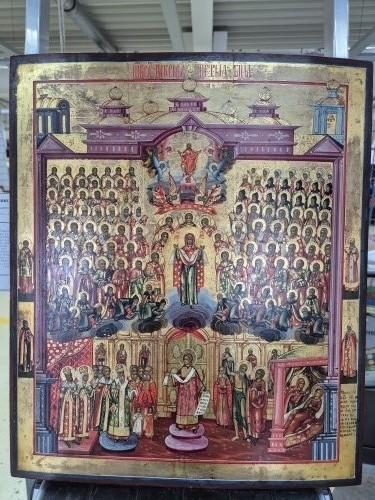 Detail d: Große Ikone Gottesmutter Schutzmantel (Pokrov), Russland, ausgehendes 19.Jh., Tempera auf Holz, reiche Goldstaffage, im Zentrum die Gottesmutter wie ...
