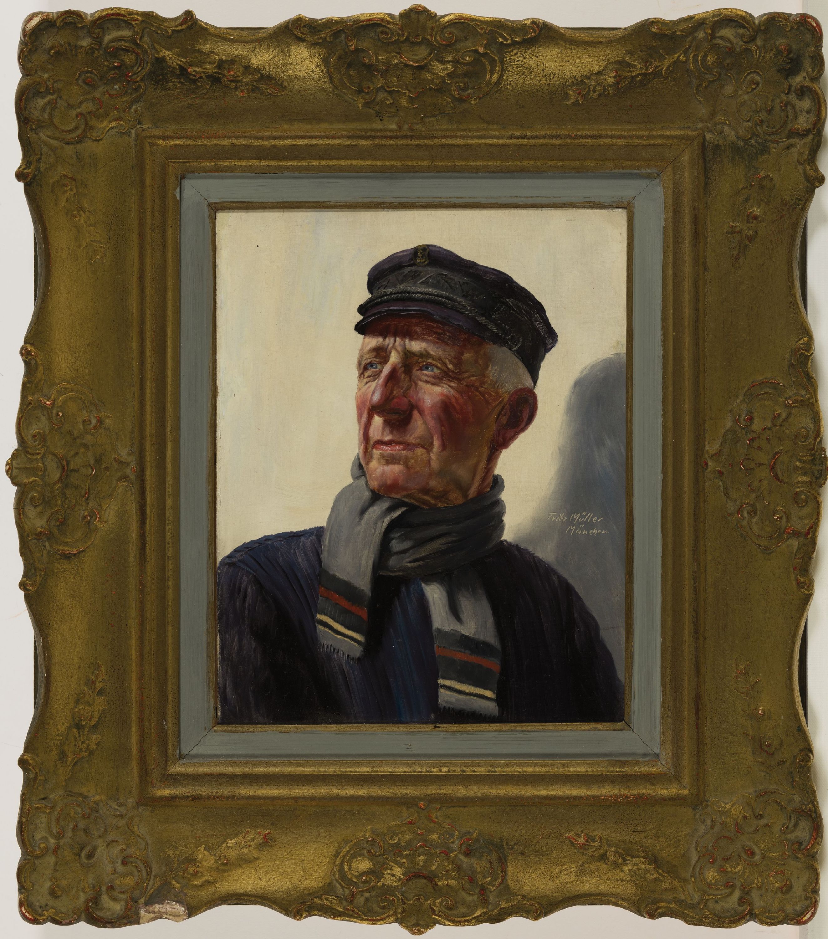 Detail k: Fritz Müller, 1913-1972 München, Charakterporträt eines alten Seemannes, Öl/Masonit, signiert, 30x24 cm, Prunkrahmen l.best. 49x44 cm