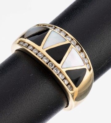 Image 26963074 - 14 kt Gold Onyx-Perlmutt-Brillant-Ring, GG 585/000 (gepr.), abwechselnde Onyx- & ...