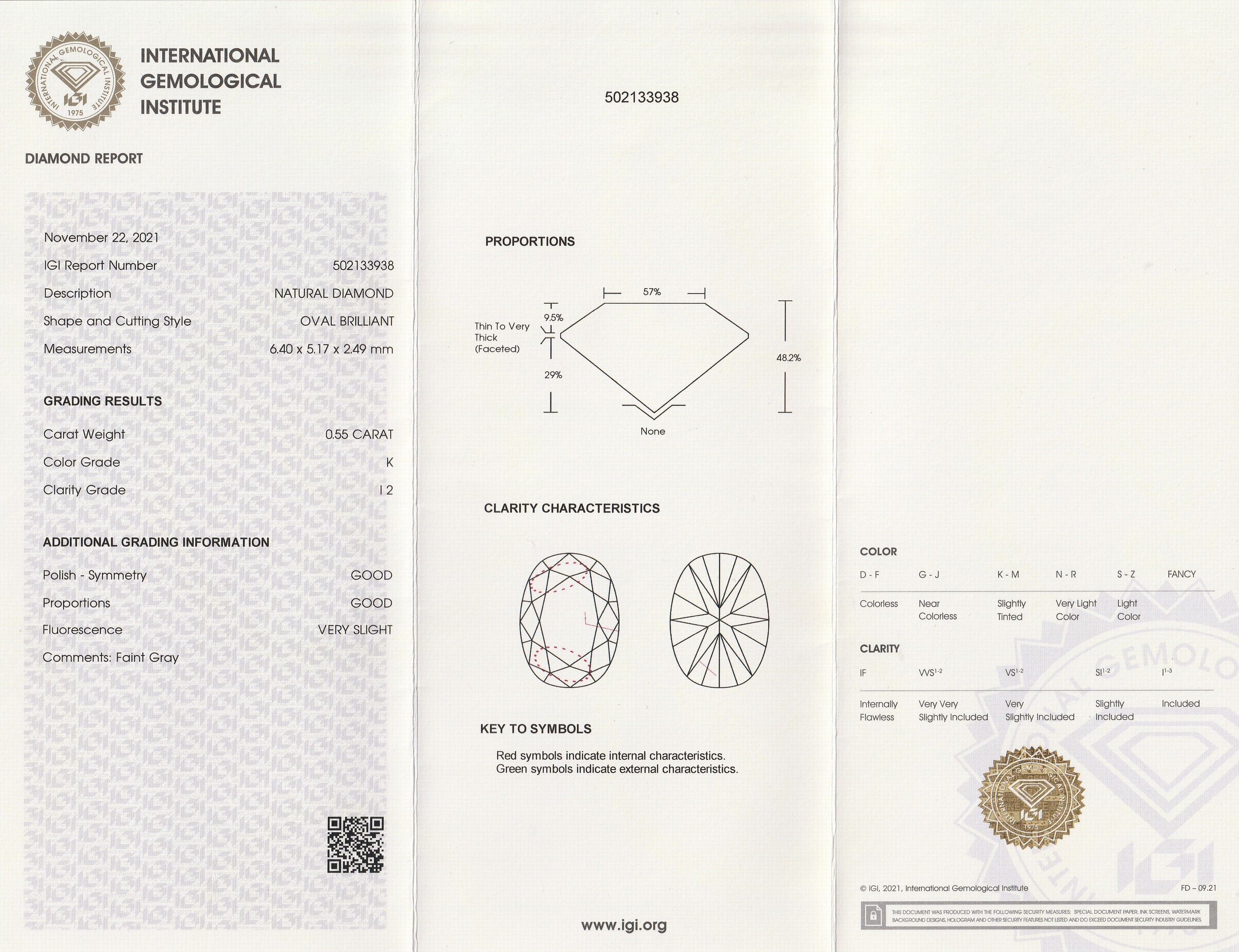 Detail a: Loser Diamant 0.55 ct get.Weiß(K)/p2, Politur,Symmetrie und Schliff gut, 6.40 x 5.17 x 2.49 mm, mit IGI Expertise, verschweißt