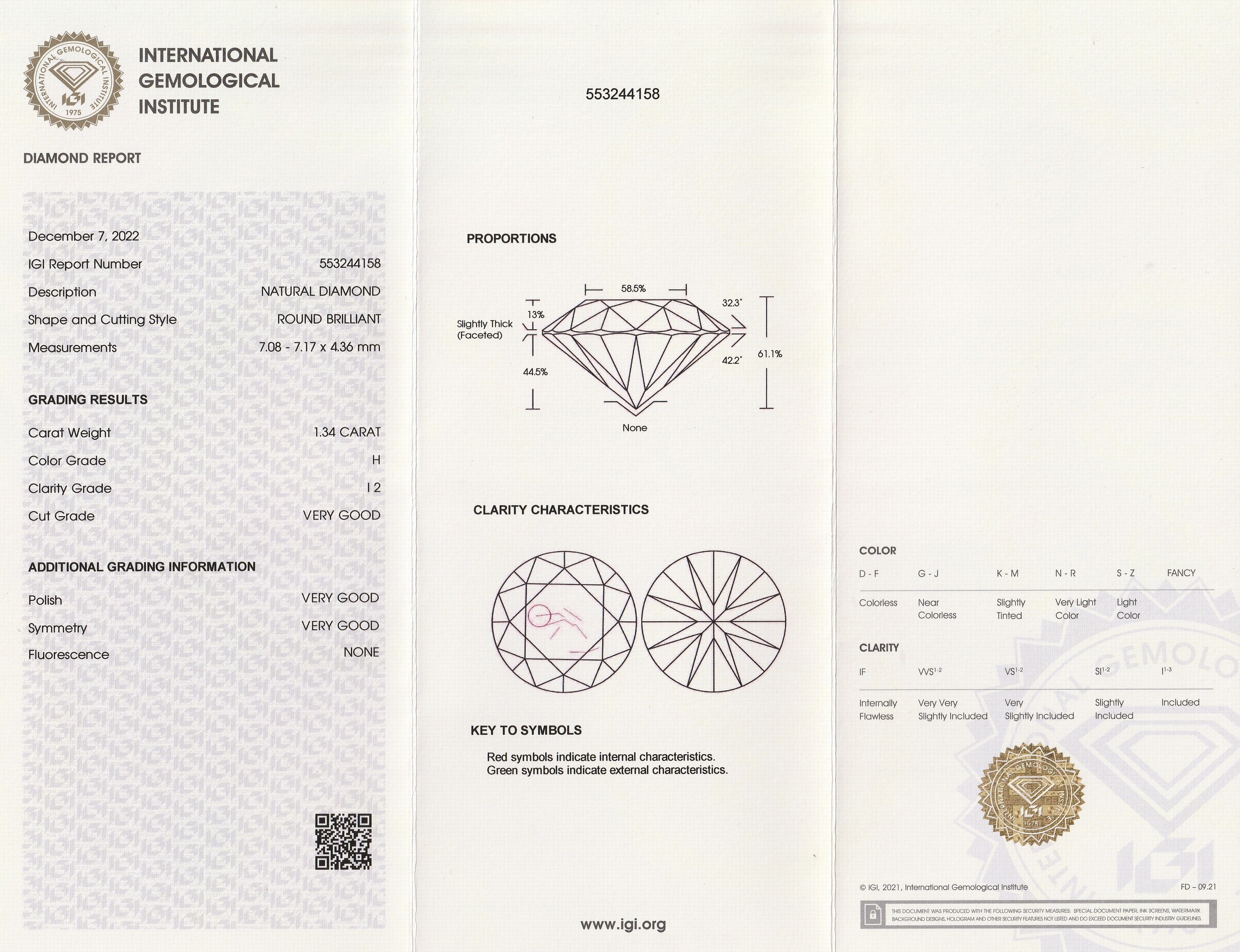 Detail a: Loser Brillant 1.34 ct Weiß(H)/p2, Politur undSymmetrie sehr gut, 7.08 x 7.17 x 4.36 mm, mit IGI Expertise, verschweißt