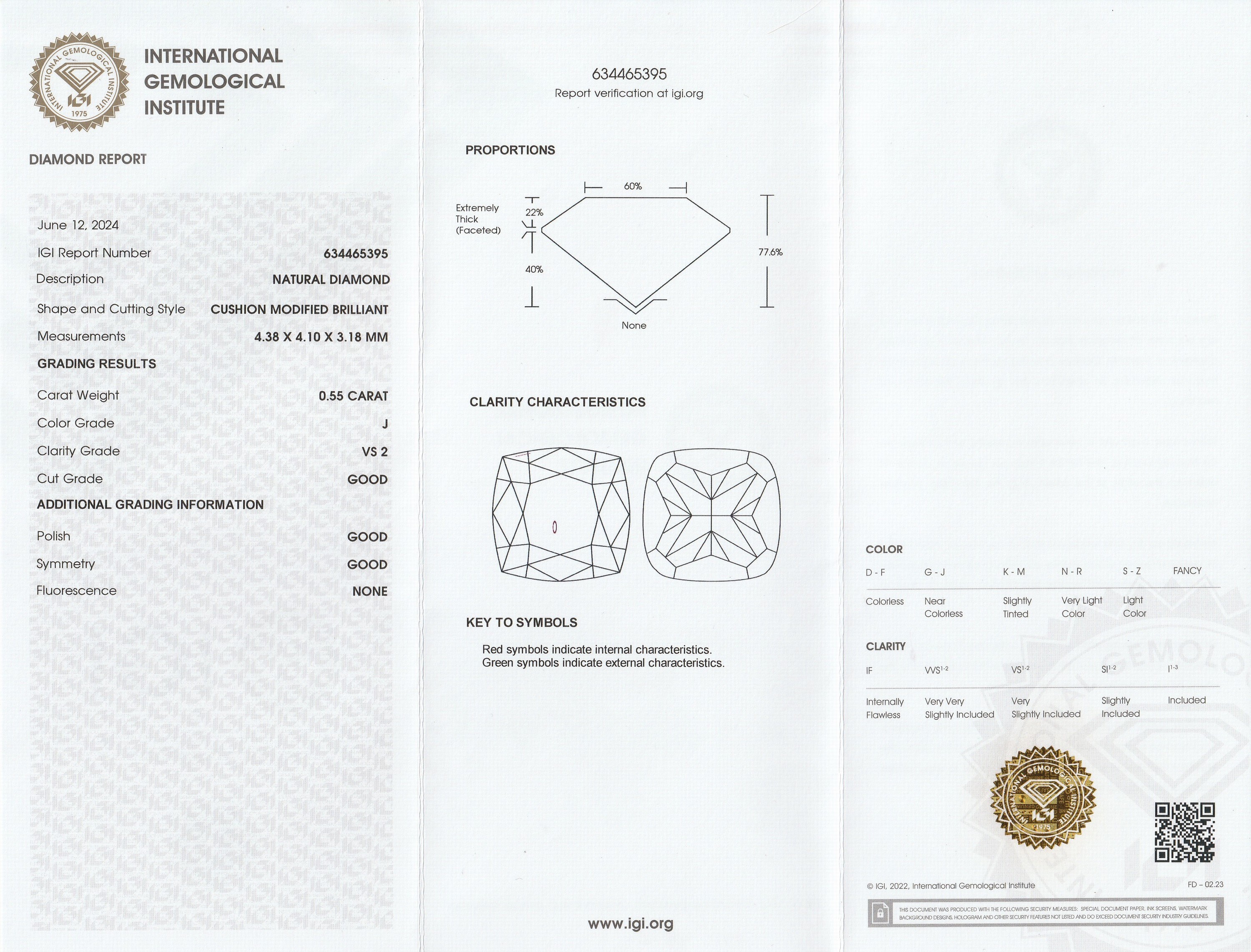 Detail a: Loser Diamant im Kissenschliff 0.55 ct l.get. Weiß(J)/vs2, Politur und Symmetrie gut, 4.38 x4.10 x 3.18 mm, mit IGI Expertise, verschweißt