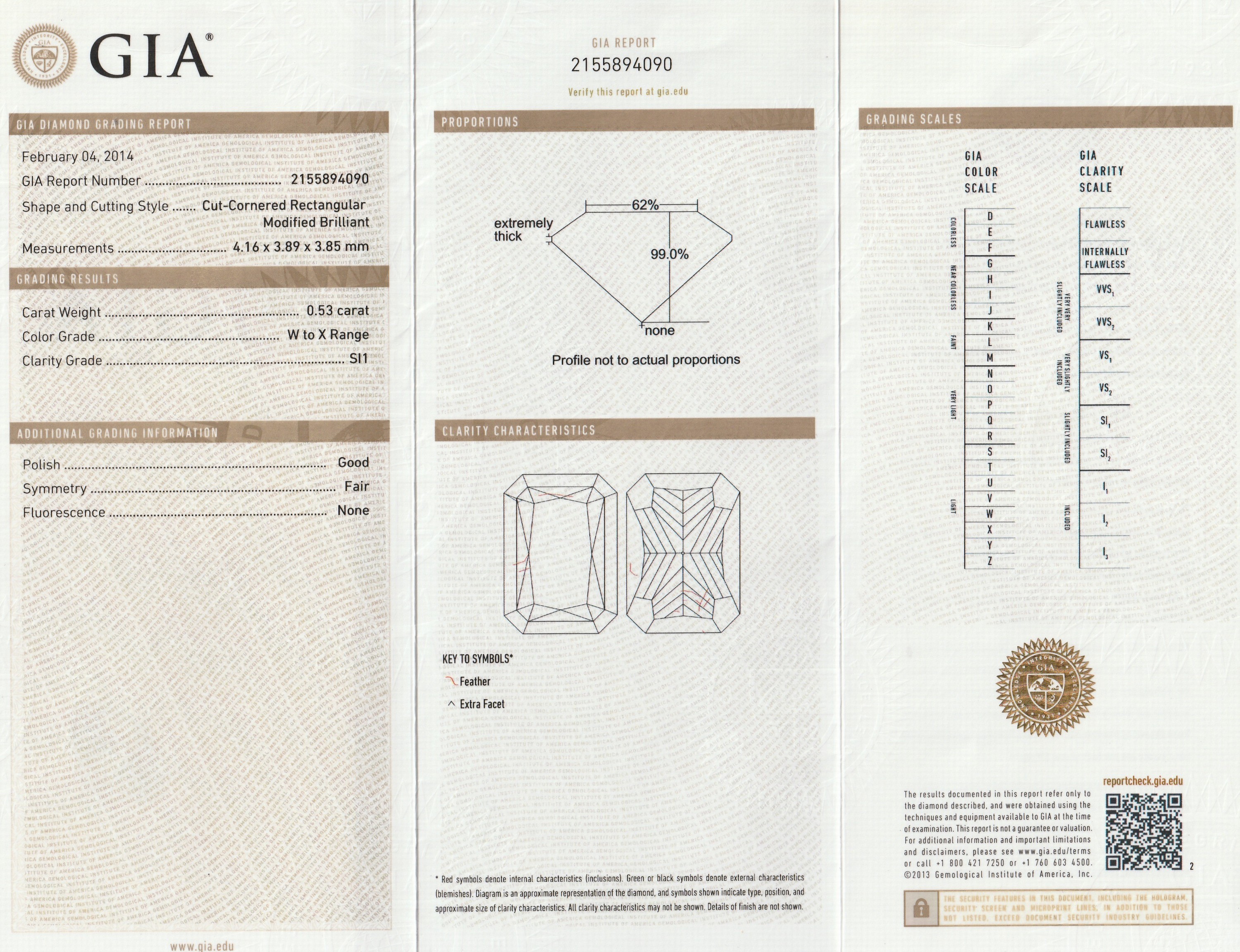Detail a: Loser Diamant im Cornered Rectangular Schliff,0.53 ct get.(W-X)/si1, 4.16 x 3.89 x 3.85 mm, mit GIA Expertise, verschweißt