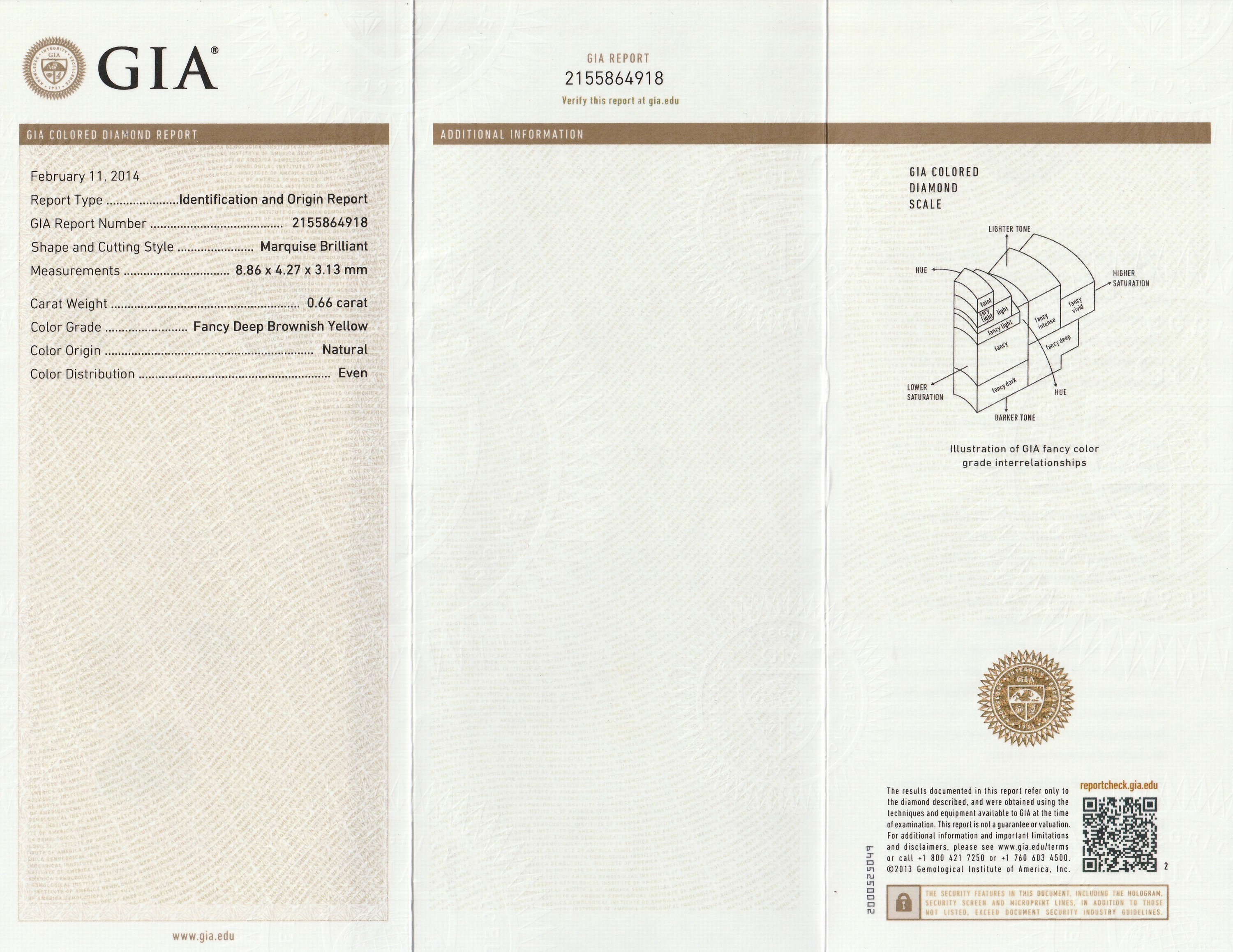 Detail a: Loser Diamant, Navette, 0.66 ct Natural Fancy Deep Brownish Yellow, 8.86 x 4.27 x 3.13mm, mit GIA Expertise, verschweißt