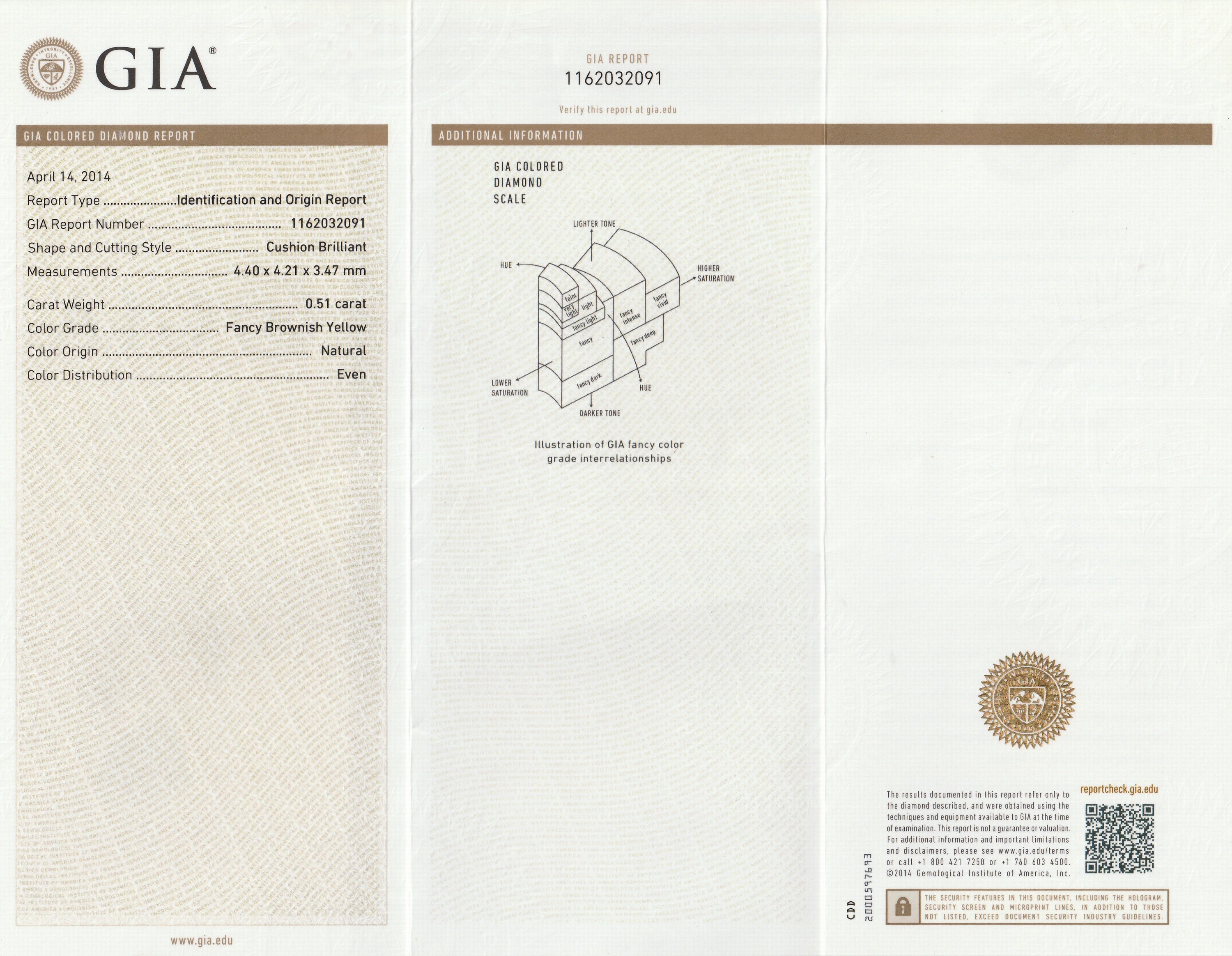 Detail a: Loser Diamant im Kissenschliff 0.51 ct Natural, Fancy Brownish Yellow, 4.40 x 4.21 x 3.47 mm, mit GIA Expertise, verschweißt