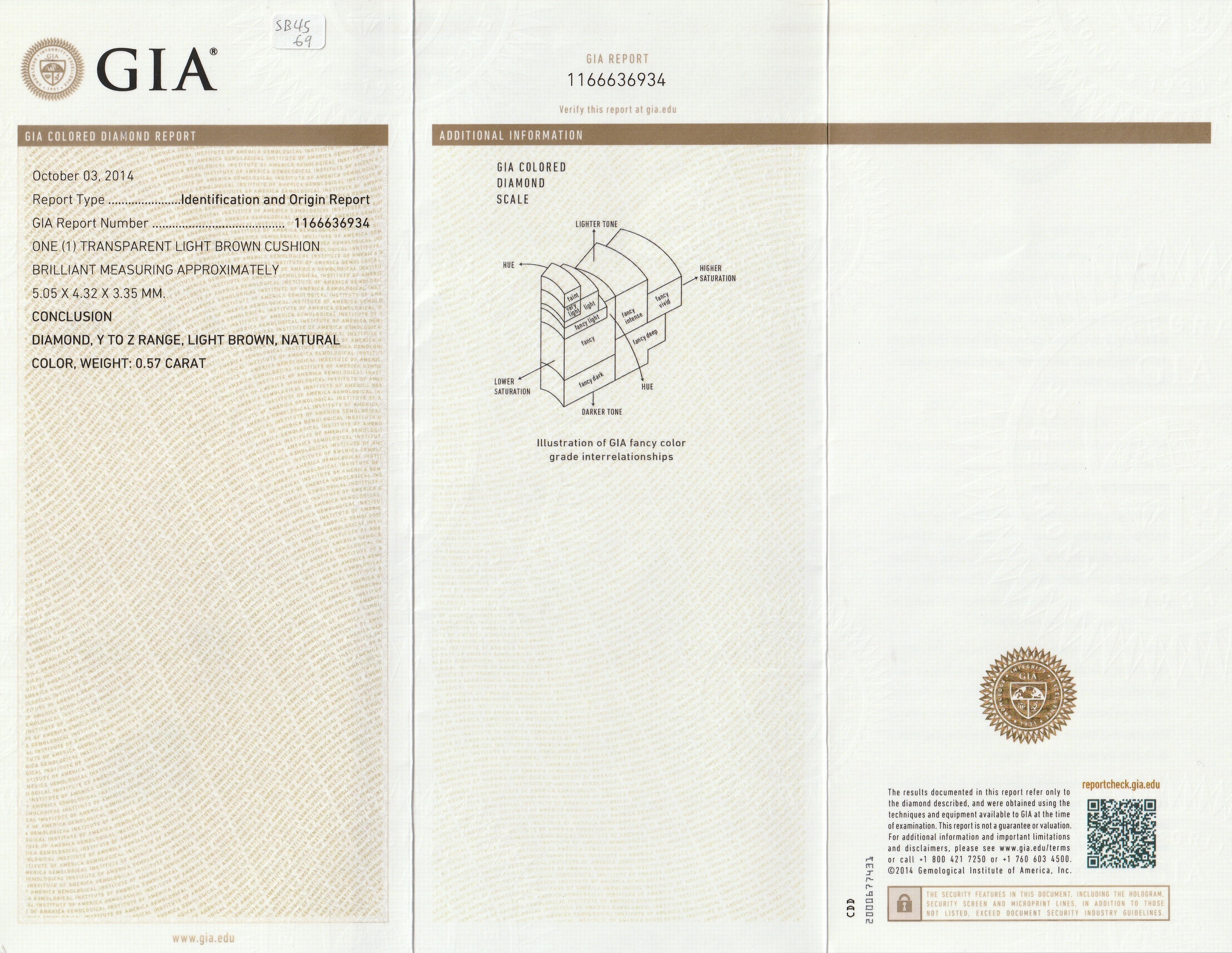 Detail a: Loser Diamant im Kissenschliff 0.57 ct, Natural, Light Brown (Y/Z), 5.05 x 4.32 x 3.35mm, mit GIA Expertise, verschweißt