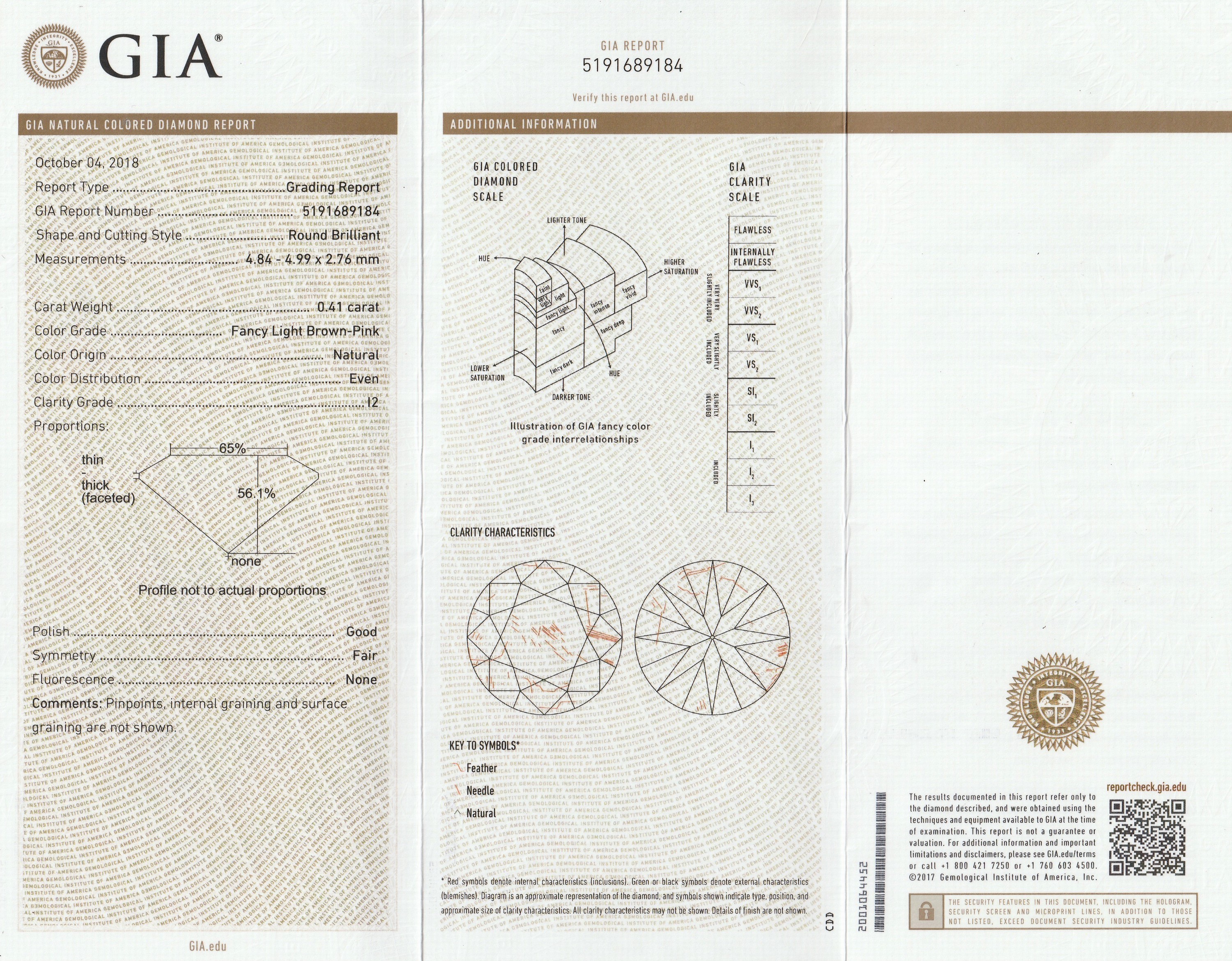 Detail b: Loser Brillant 0.41 ct Natural Fancy Light Brown Pink, 4.84 x 4.99 x 2.76 mm, mit GIA Expertise