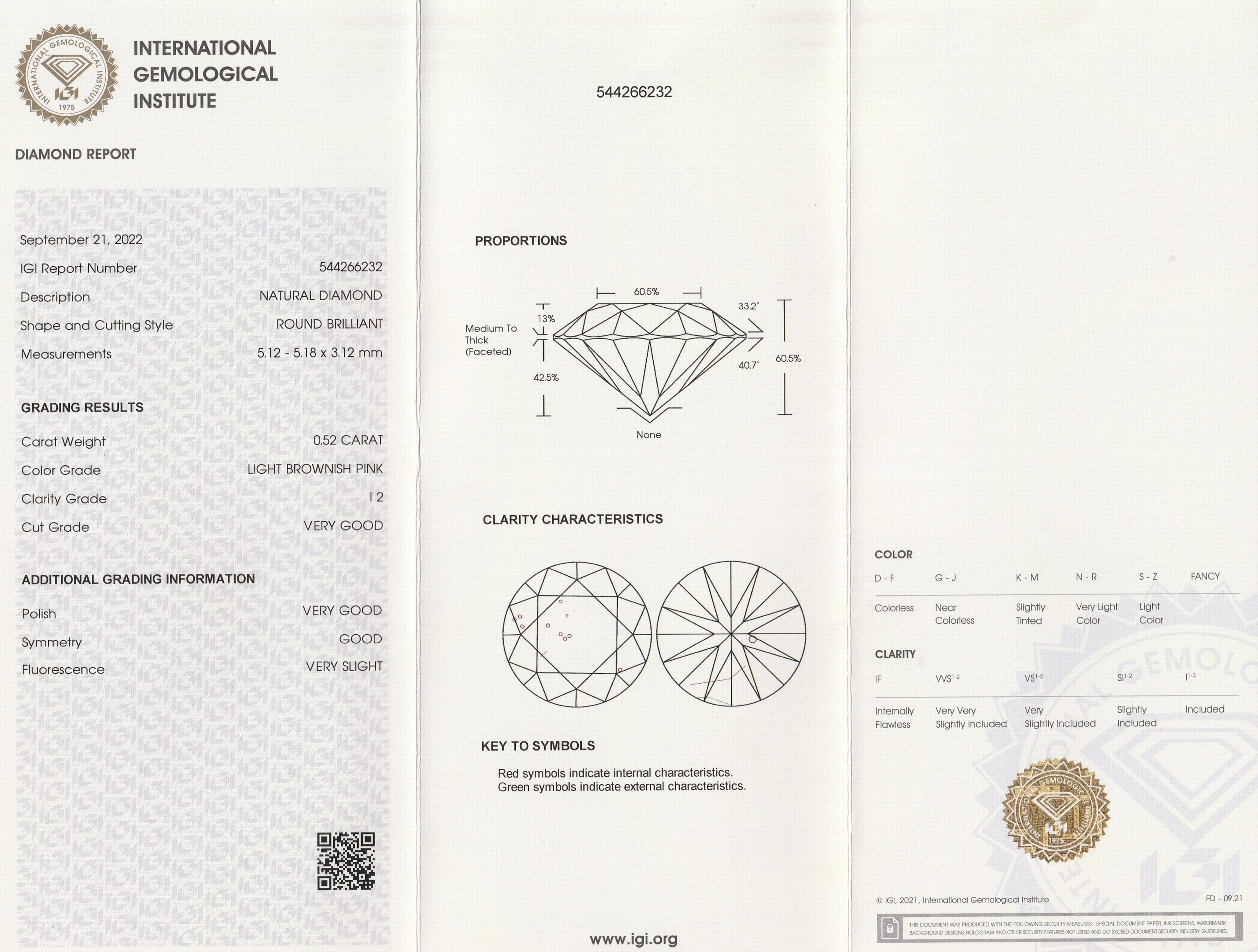 Detail a: Loser Brillant 0.52 ct Light Brownish Pink/p2,5.12 x 5.18 x 3.12 mm, Politur sehr gut, Symmetrie gut, mit IGI Expertise, verschweißt