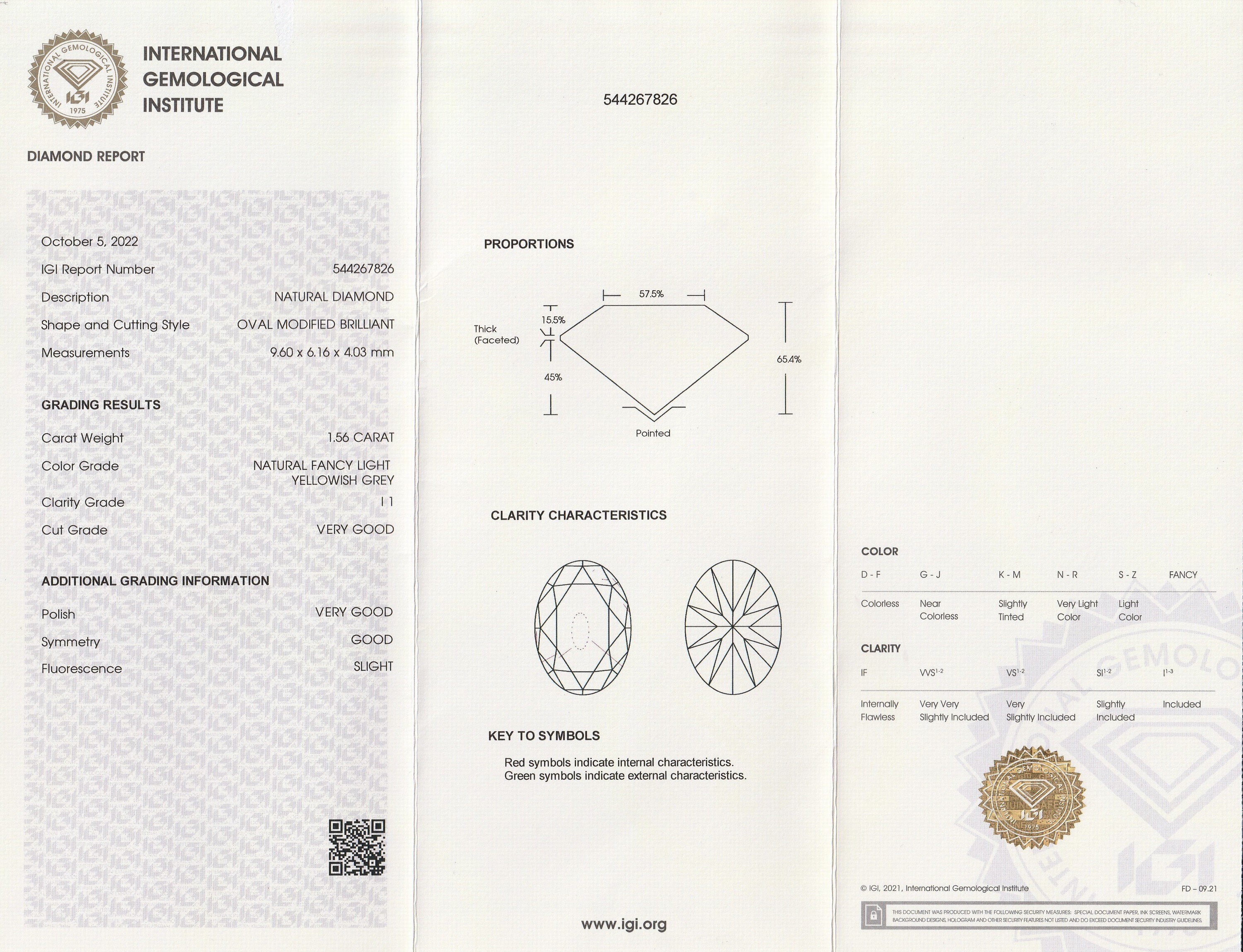 Detail a: Loser ovaler Diamant 1.56 ct Natural Fancy Light Yellowish Grey, 9.60 x 6.16 x 4.03 mm, Politur sehr gut, Symmetrie gut, mit IGI Expertise, ...