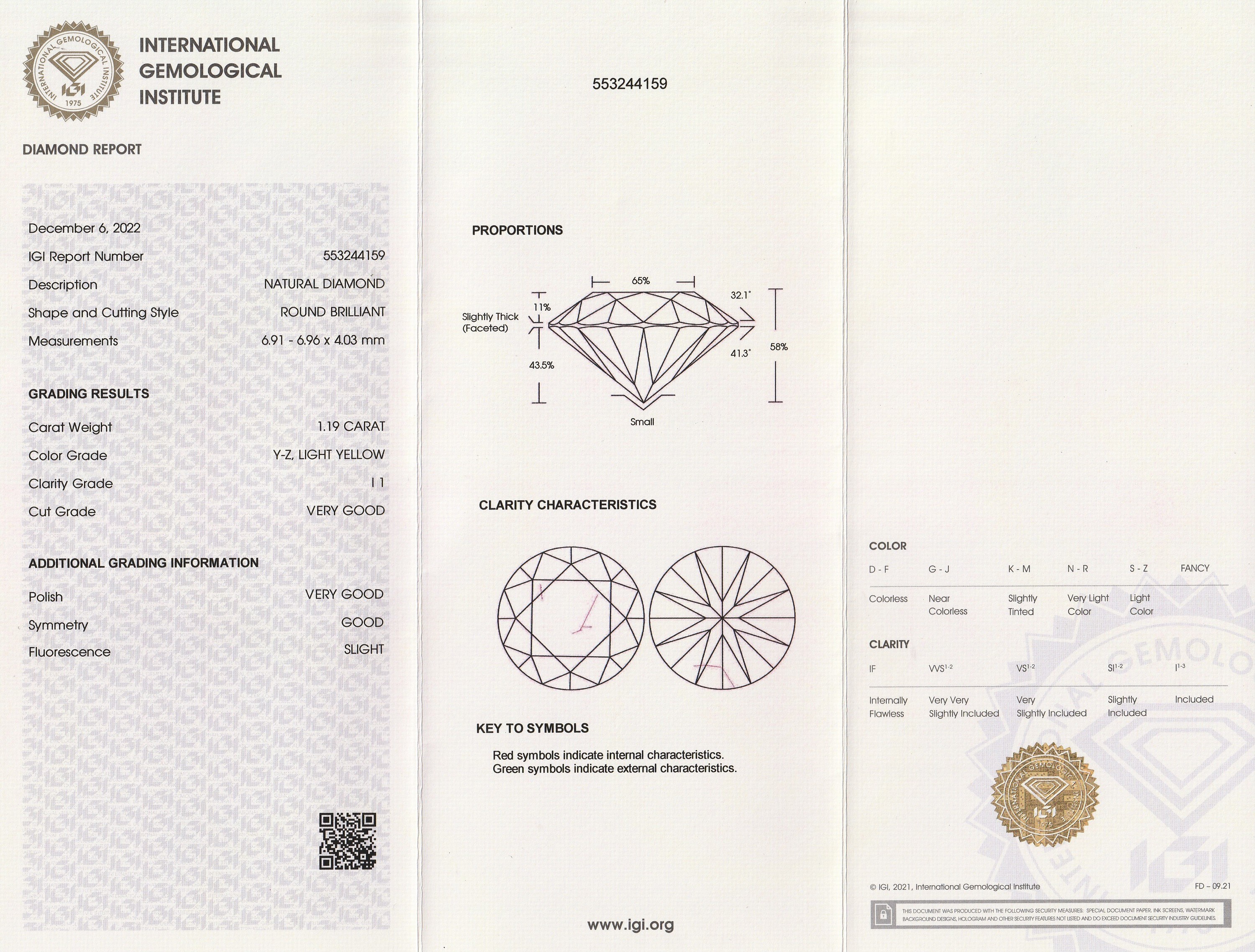 Detail a: Loser Brillant 1.19 ct Natural Light Yellow (Y-Z)/p1, 6.91 x 6.96 x 4.03 mm, Politur sehr git, Symmetrie gut, mit IGI Expertise, verschweißt