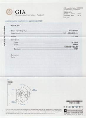 26963656a - Loser Diamant, facett. Herz, 0.48 ct Natural Fancy Greenish Yellow, 5.83 x 5.35 x 2.63 ...