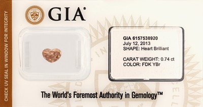 Image Loose diamond heart shaped , 0.74 ct NaturalFancy Dark Yellow Brown, 5.47 x 7.34 x 2.90 ...