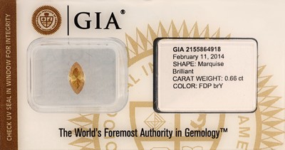 Image Loose diamond, marquise, 0.66 ct Natural FancyDeep Brownish Yellow, 8.86 x 4.27 x 3.13 ...