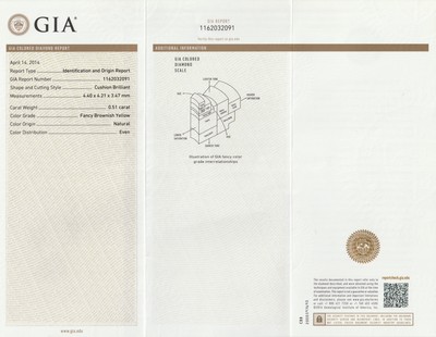 26963664a - Loser Diamant im Kissenschliff 0.51 ct Natural, Fancy Brownish Yellow, 4.40 x 4.21 x 3.47 ...