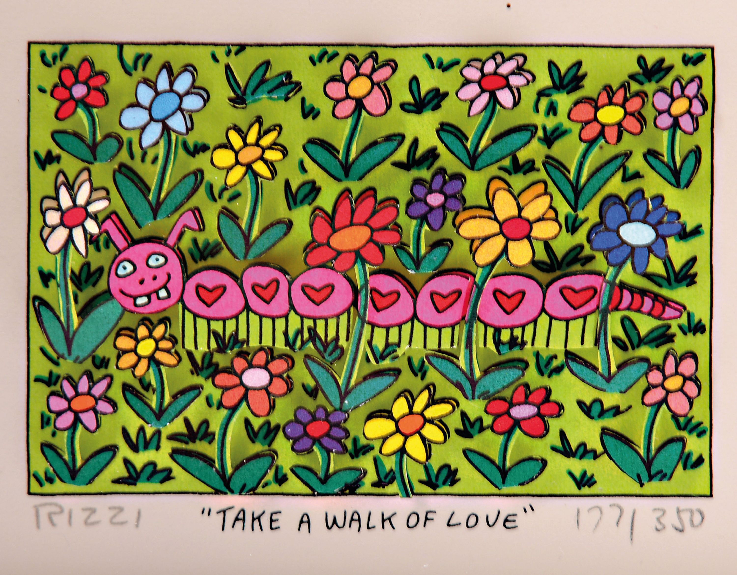 James Rizzi, 1950-2011, Take a walk of Love, dreidimensionale Farblithographie, sign. und num. 177/350, ca. 5x7.5cm, PP, u.Gl., R. ca. 21x25cm