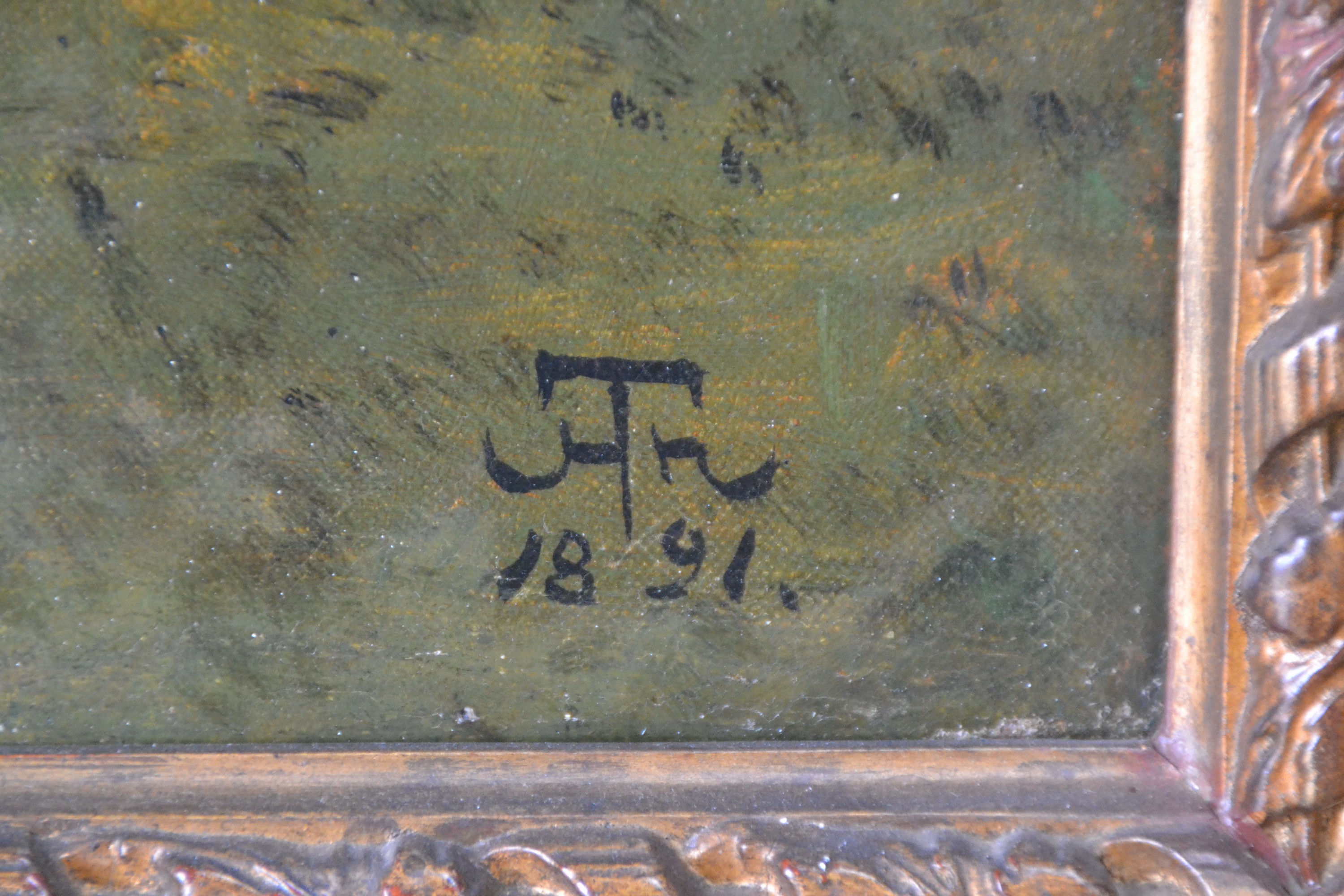Detail a: Hans Thoma, 1839 Bernau-1924 Karlsruhe, weidende Kühe nahe einem Dorf, liebevolle Schilderung der sanften heimischen mitteldeutschen Landschaft, ...