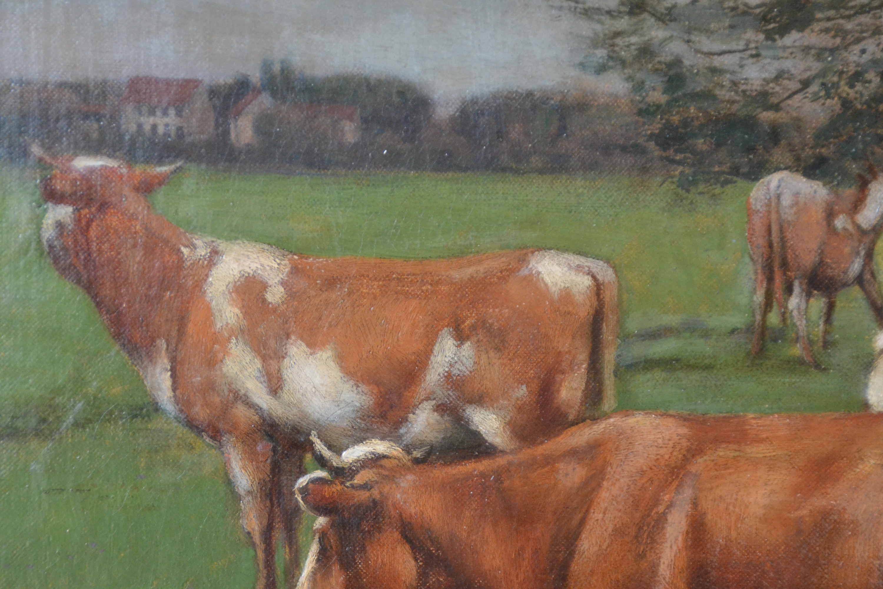 Detail b: Hans Thoma, 1839 Bernau-1924 Karlsruhe, weidende Kühe nahe einem Dorf, liebevolle Schilderung der sanften heimischen mitteldeutschen Landschaft, ...