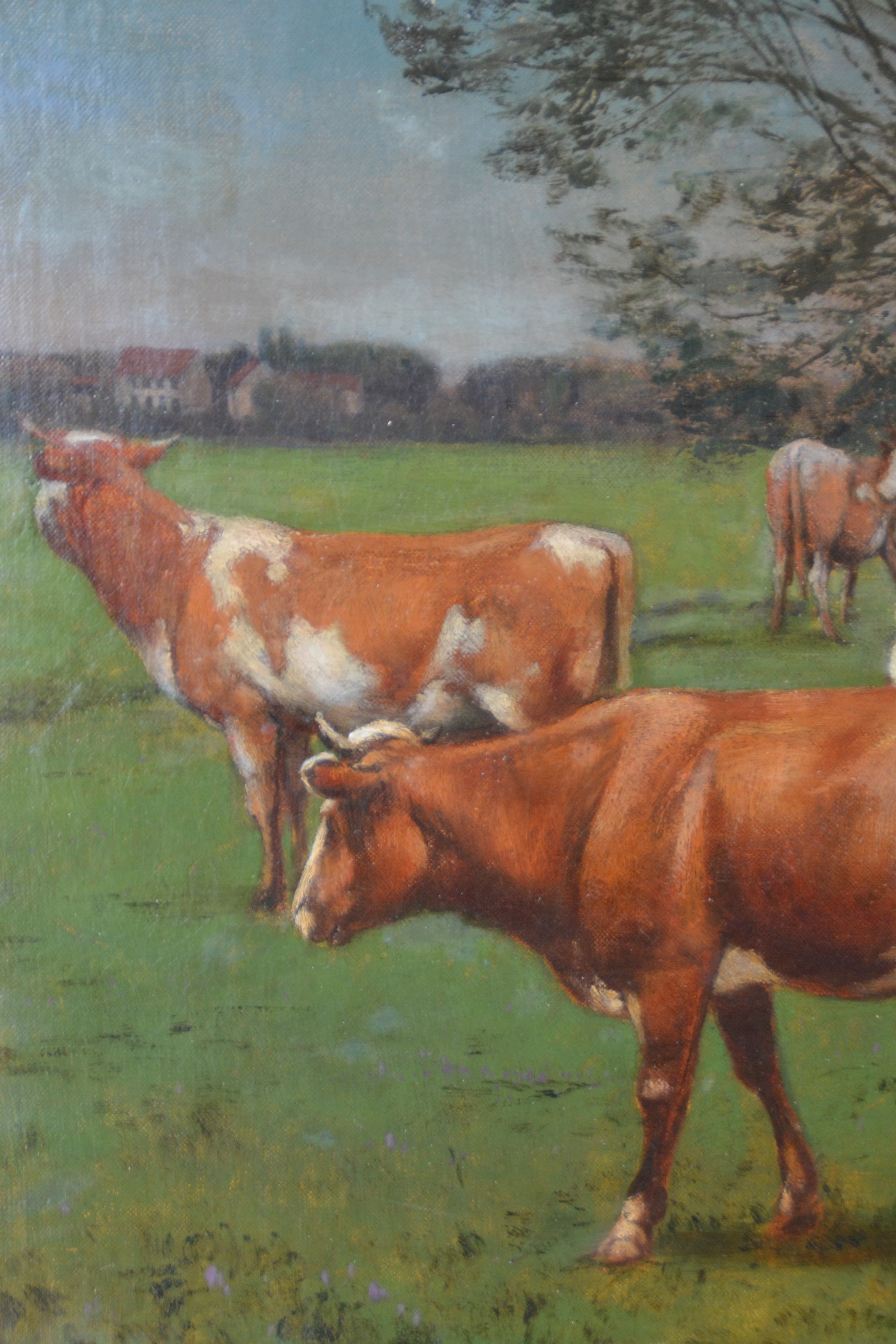 Detail c: Hans Thoma, 1839 Bernau-1924 Karlsruhe, weidende Kühe nahe einem Dorf, liebevolle Schilderung der sanften heimischen mitteldeutschen Landschaft, ...