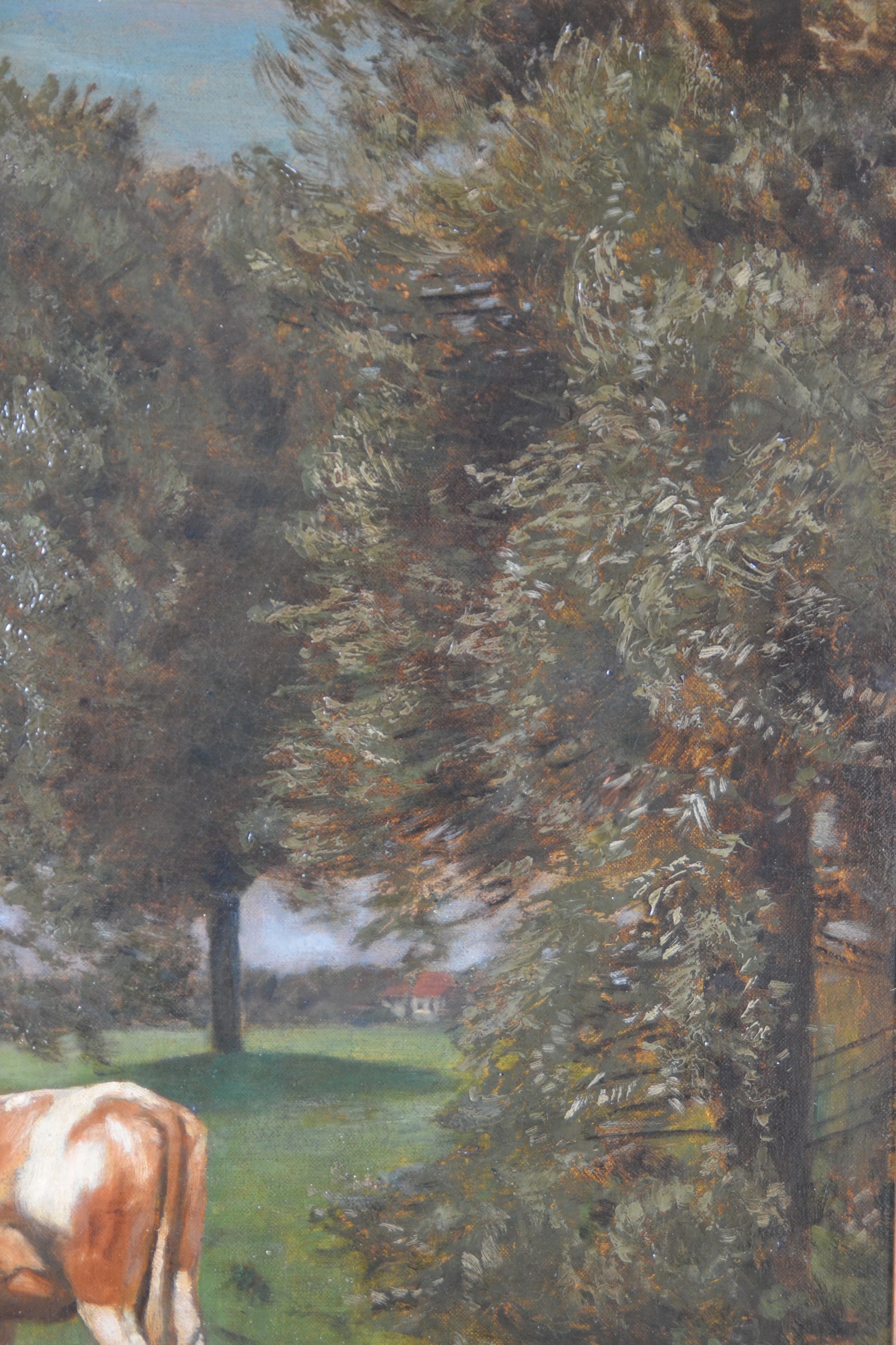 Detail d: Hans Thoma, 1839 Bernau-1924 Karlsruhe, weidende Kühe nahe einem Dorf, liebevolle Schilderung der sanften heimischen mitteldeutschen Landschaft, ...
