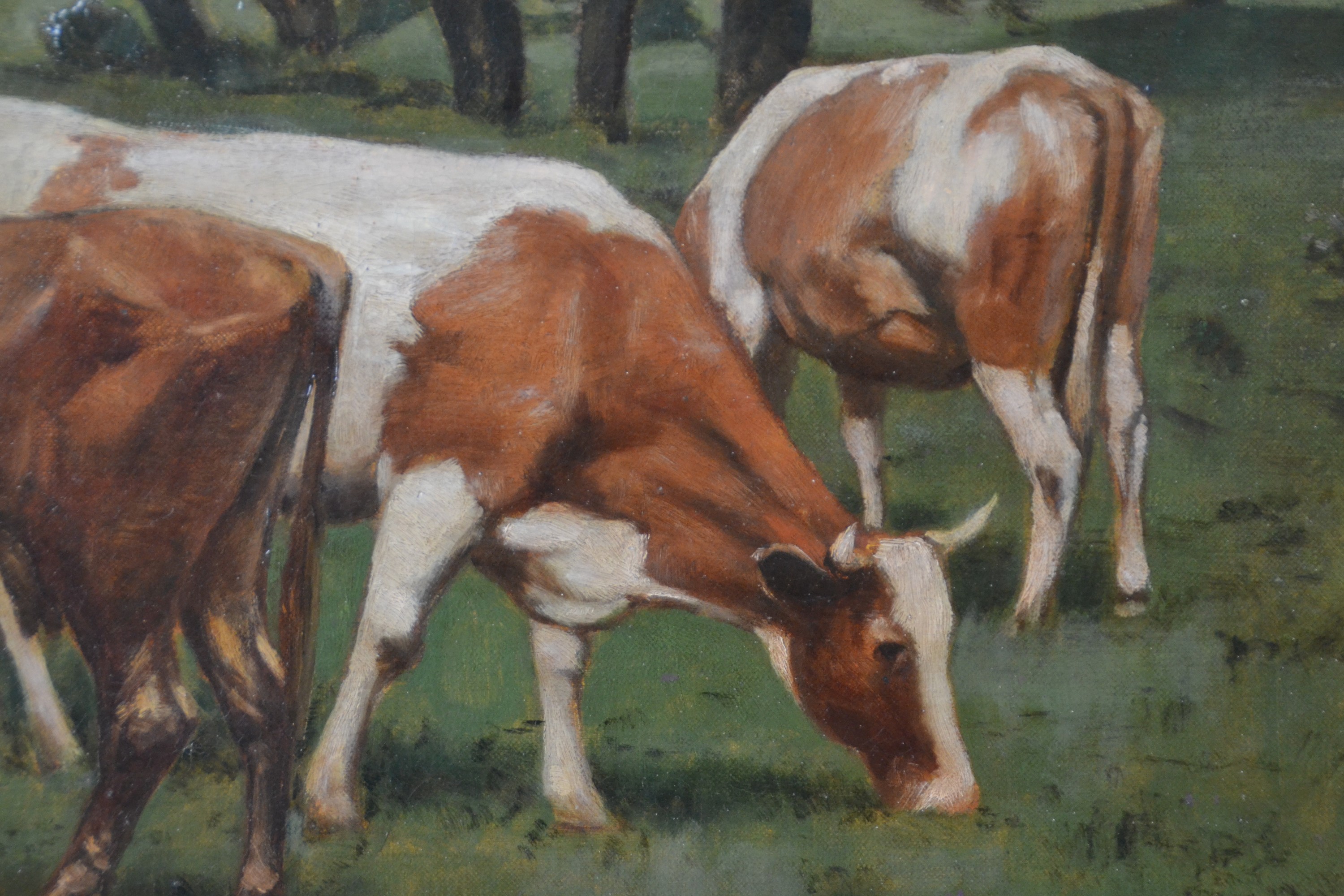 Detail e: Hans Thoma, 1839 Bernau-1924 Karlsruhe, weidende Kühe nahe einem Dorf, liebevolle Schilderung der sanften heimischen mitteldeutschen Landschaft, ...