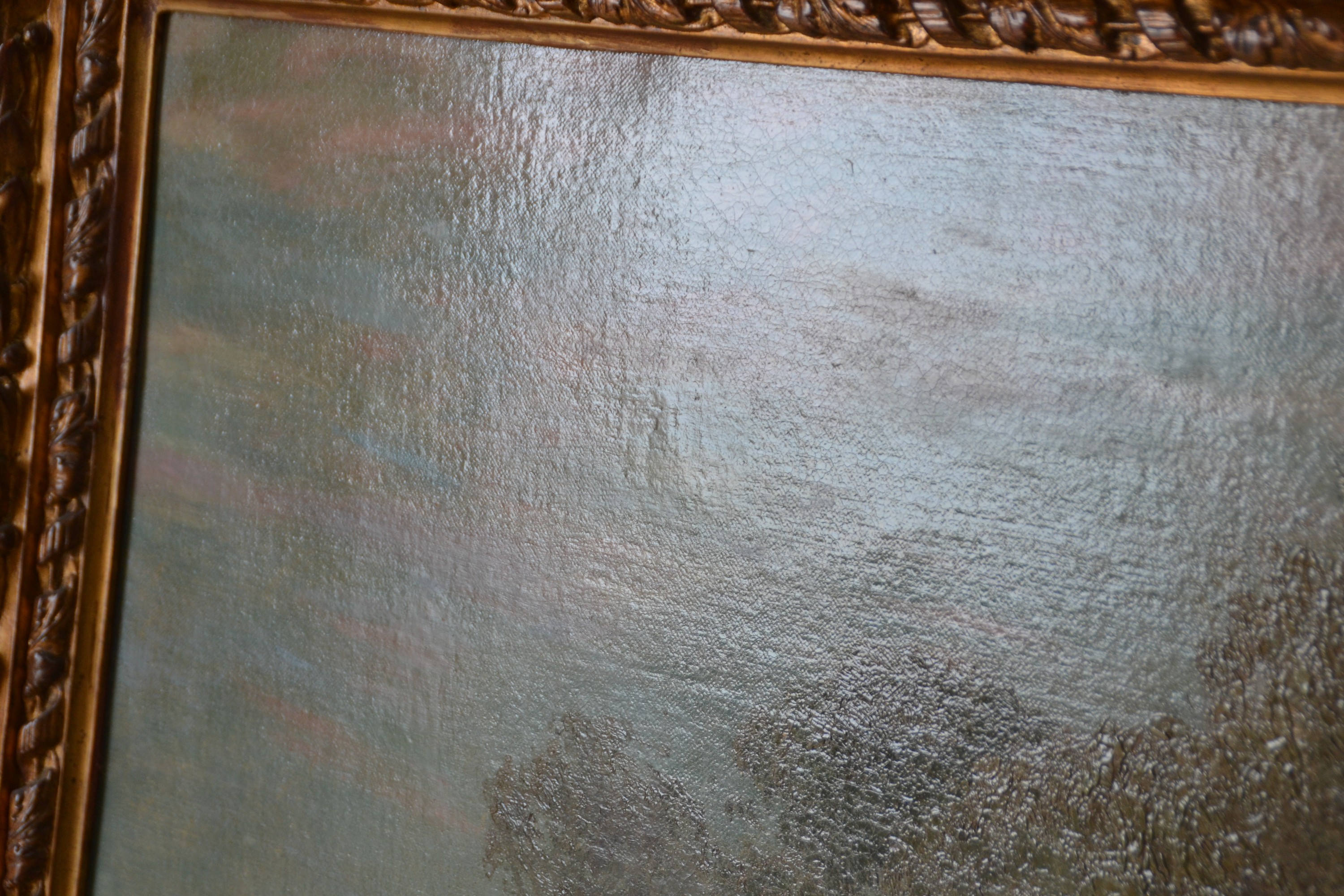 Detail f: Hans Thoma, 1839 Bernau-1924 Karlsruhe, weidende Kühe nahe einem Dorf, liebevolle Schilderung der sanften heimischen mitteldeutschen Landschaft, ...