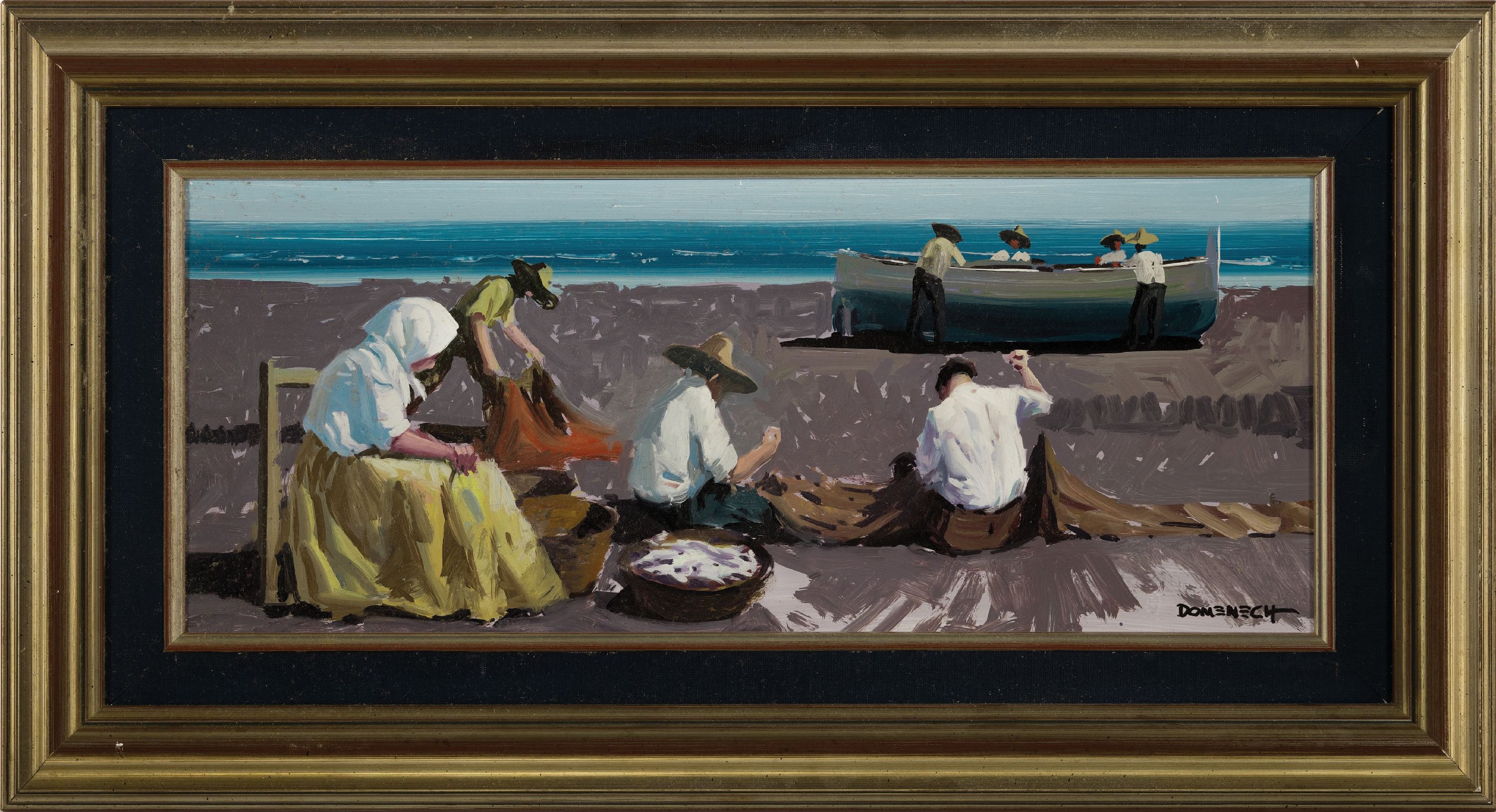 Detail k: Esteban Fernandez Domenech, 1888-1960, Fischer beim Netze flicken am Strand, Öl/Masonit, rechts unten signiert, 20x46 cm, R. 33x60 cm
