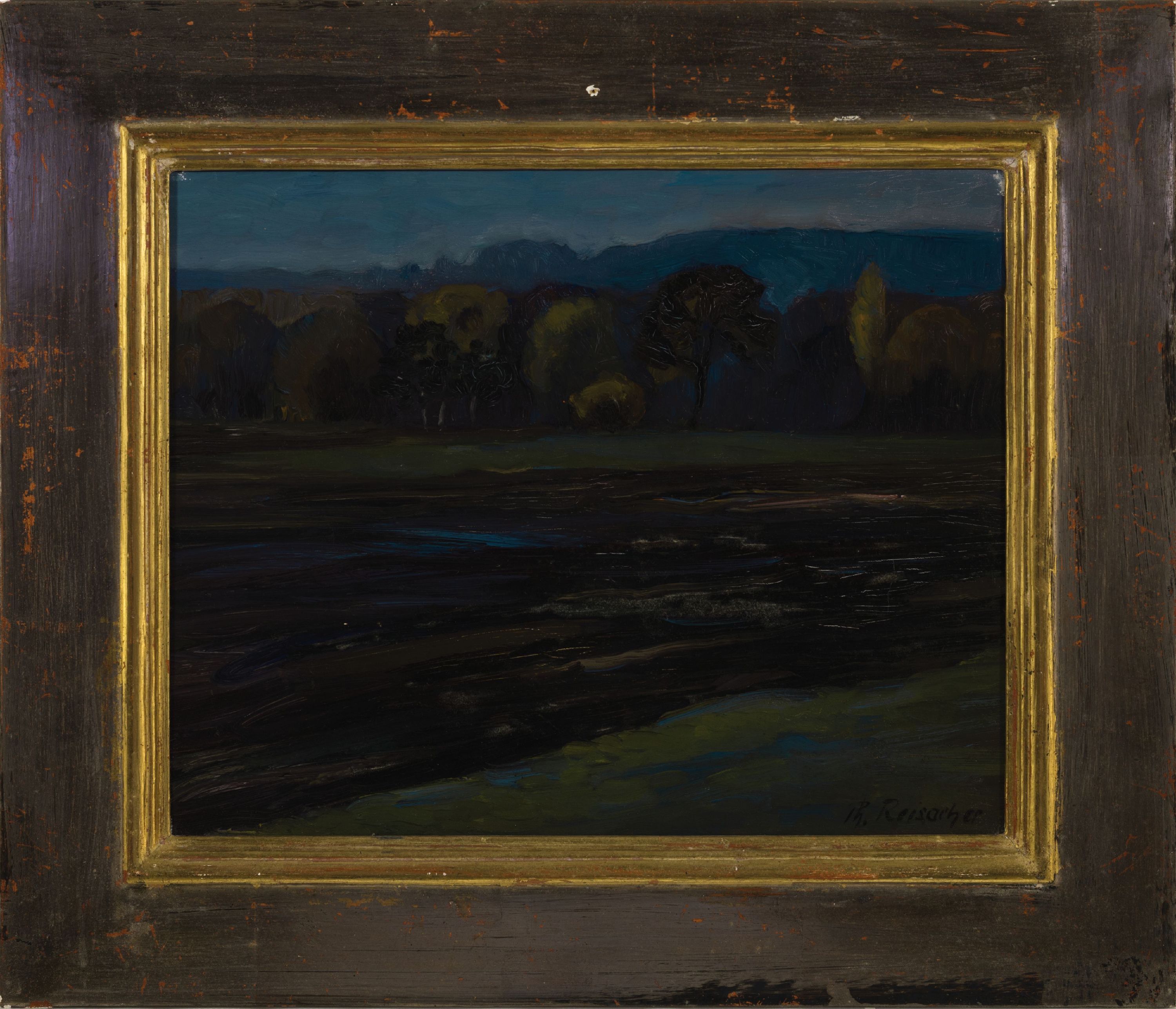 Detail k: Phillip Reisacher, geb. 1949, abendliche Auenlandschaft, rechts unten signiert, 24x30 cm, Rahmen 35x40 cm