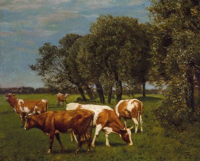 Image 26963834 - Hans Thoma, 1839 Bernau-1924 Karlsruhe, weidende Kühe nahe einem Dorf, liebevolle ...