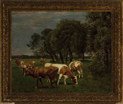 26963834k - Hans Thoma, 1839 Bernau-1924 Karlsruhe, weidende Kühe nahe einem Dorf, liebevolle ...