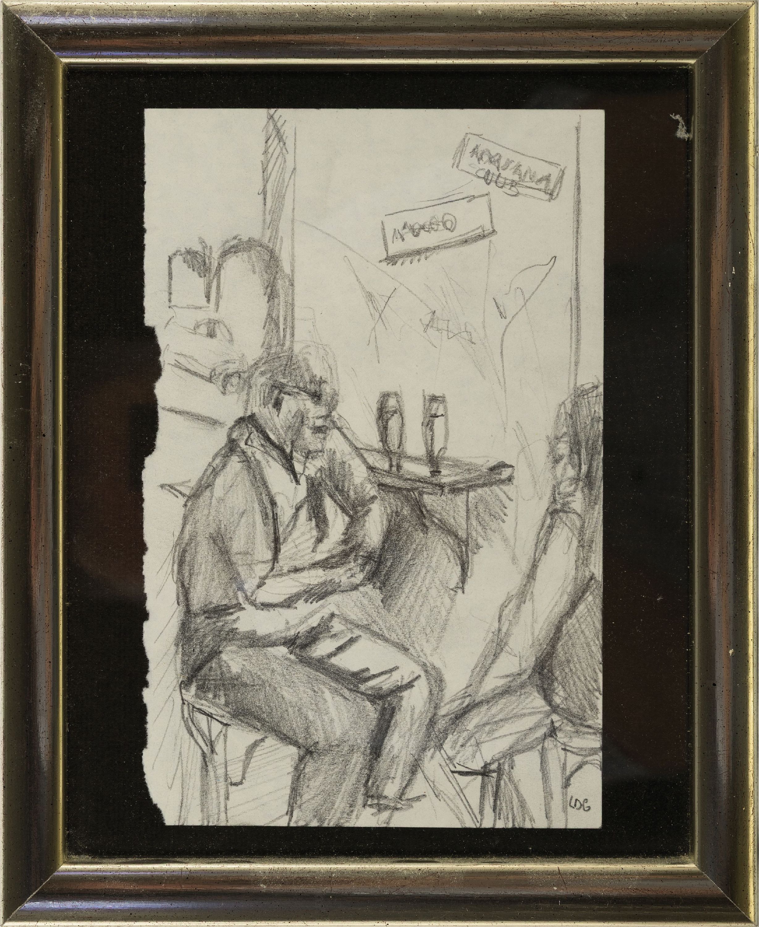 Detail k: Ludwig Angerer, 1891-1948,, Bleistiftskizze, an der Bar sitzender Mann, monogrammiert LDG, Blatt 22x13 cm, unter Glas 27x21 cm