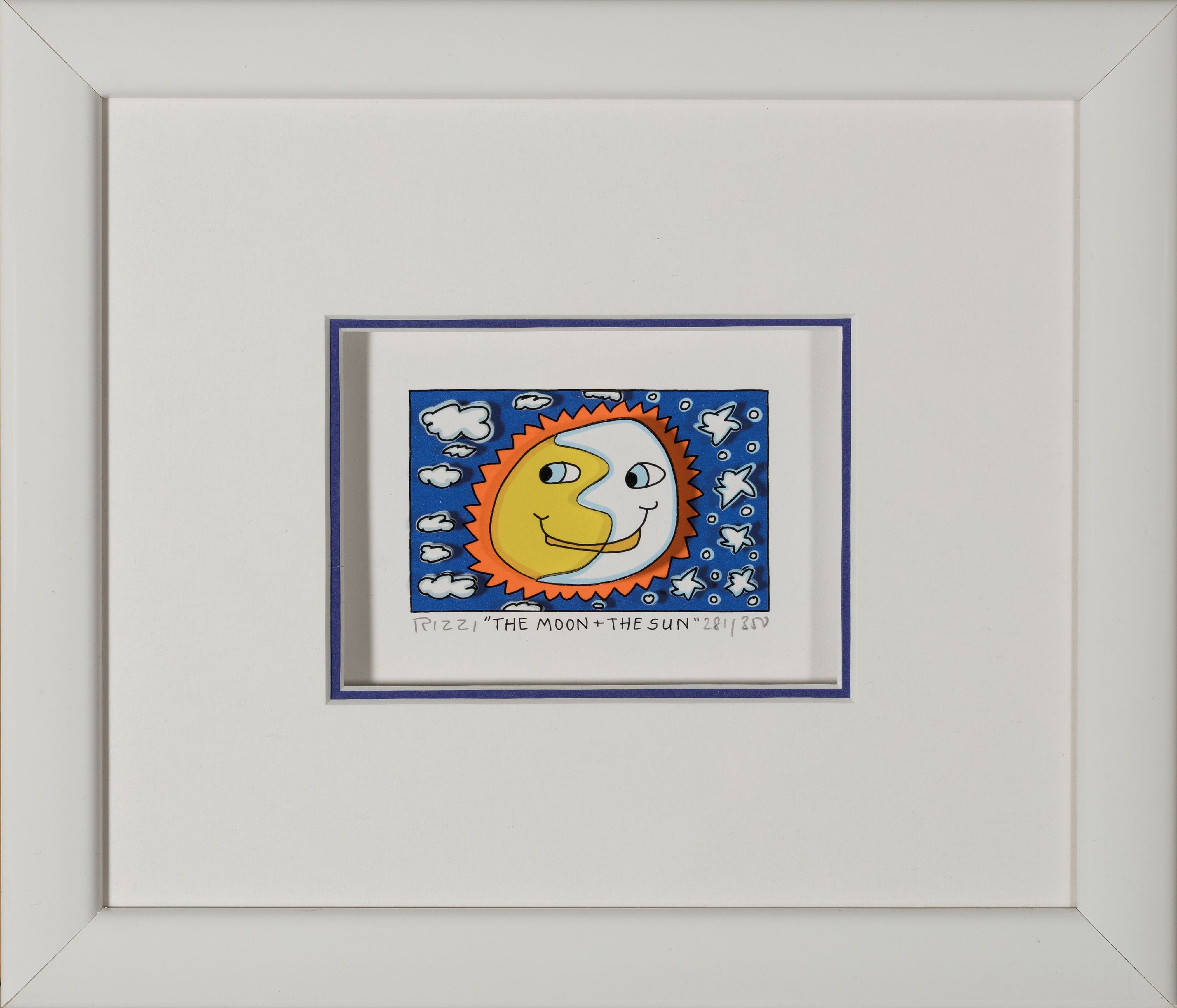Detail k: James Rizzi, 1950-2011, 3D-Grafik, Siebdruck, "The Moon + The Sun", Ed. 281/350, handsigniert, Motiv 5x8 cm, unter PP und Glas gerahmt ...