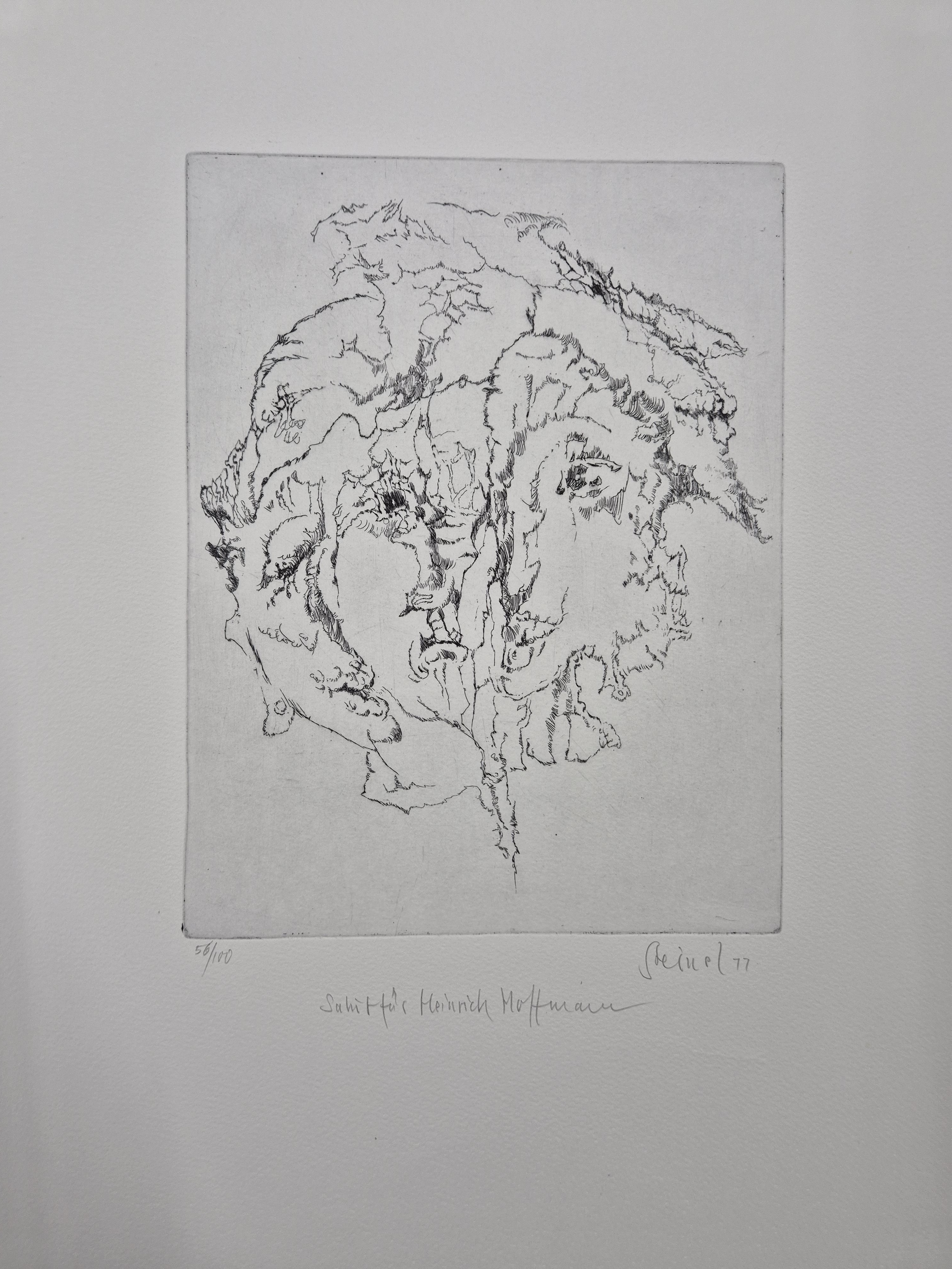Detail j: Mappenwerk "Salut für Heinrich Hoffmann", Frankfurt a.M. 1977, Mappe mit 6 Originalgrafiken von Conrad Felixmüller (Holzschnitt), Godwin ...