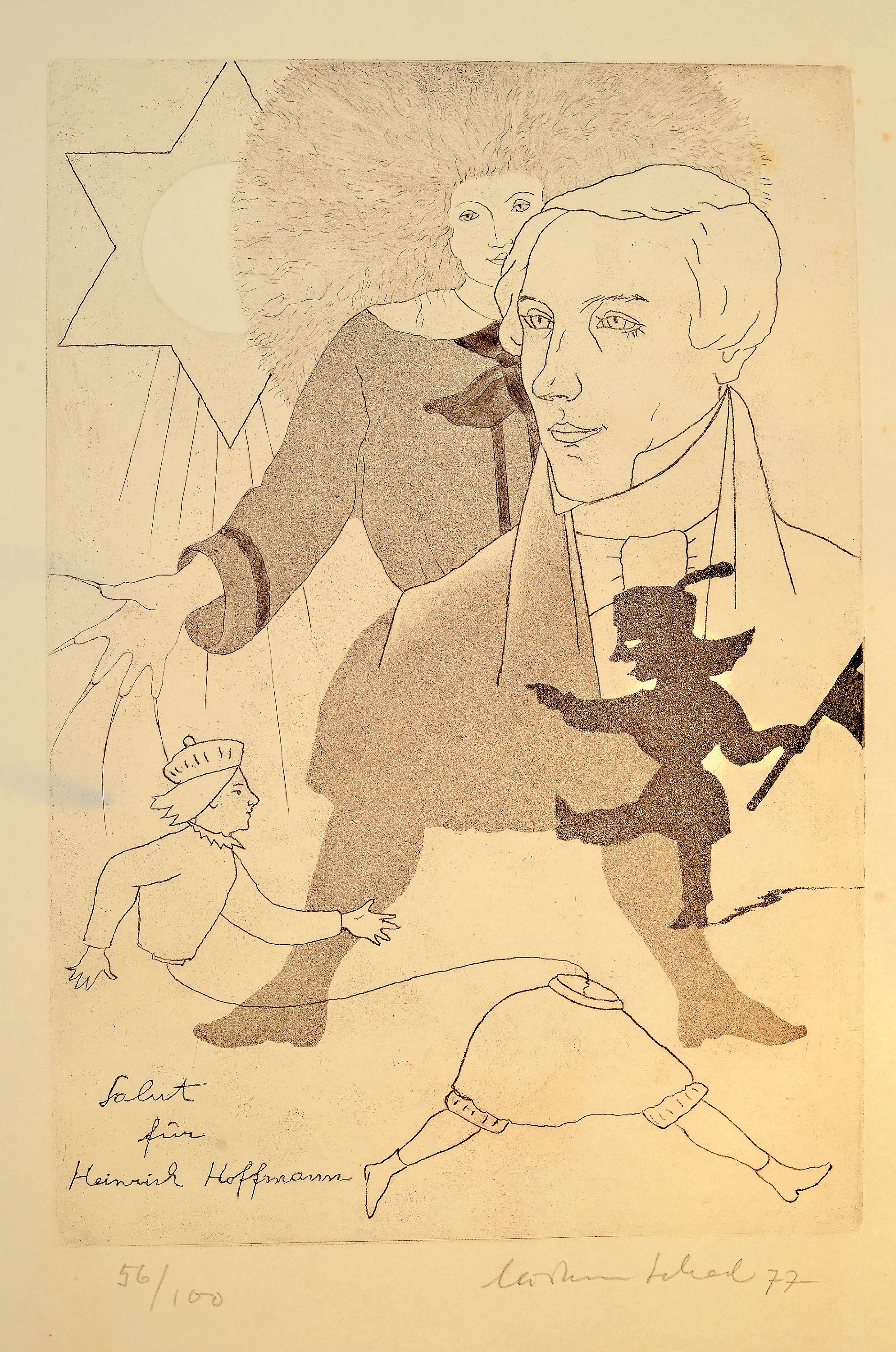 Detail l: Mappenwerk "Salut für Heinrich Hoffmann", Frankfurt a.M. 1977, Mappe mit 6 Originalgrafiken von Conrad Felixmüller (Holzschnitt), Godwin ...