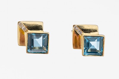 Image 26963984 - Paar 14 kt Gold Topas-Brillant-Ohrstecker, GG 585/000, 2 Blautopas-Carrees (beh.), 4 ...