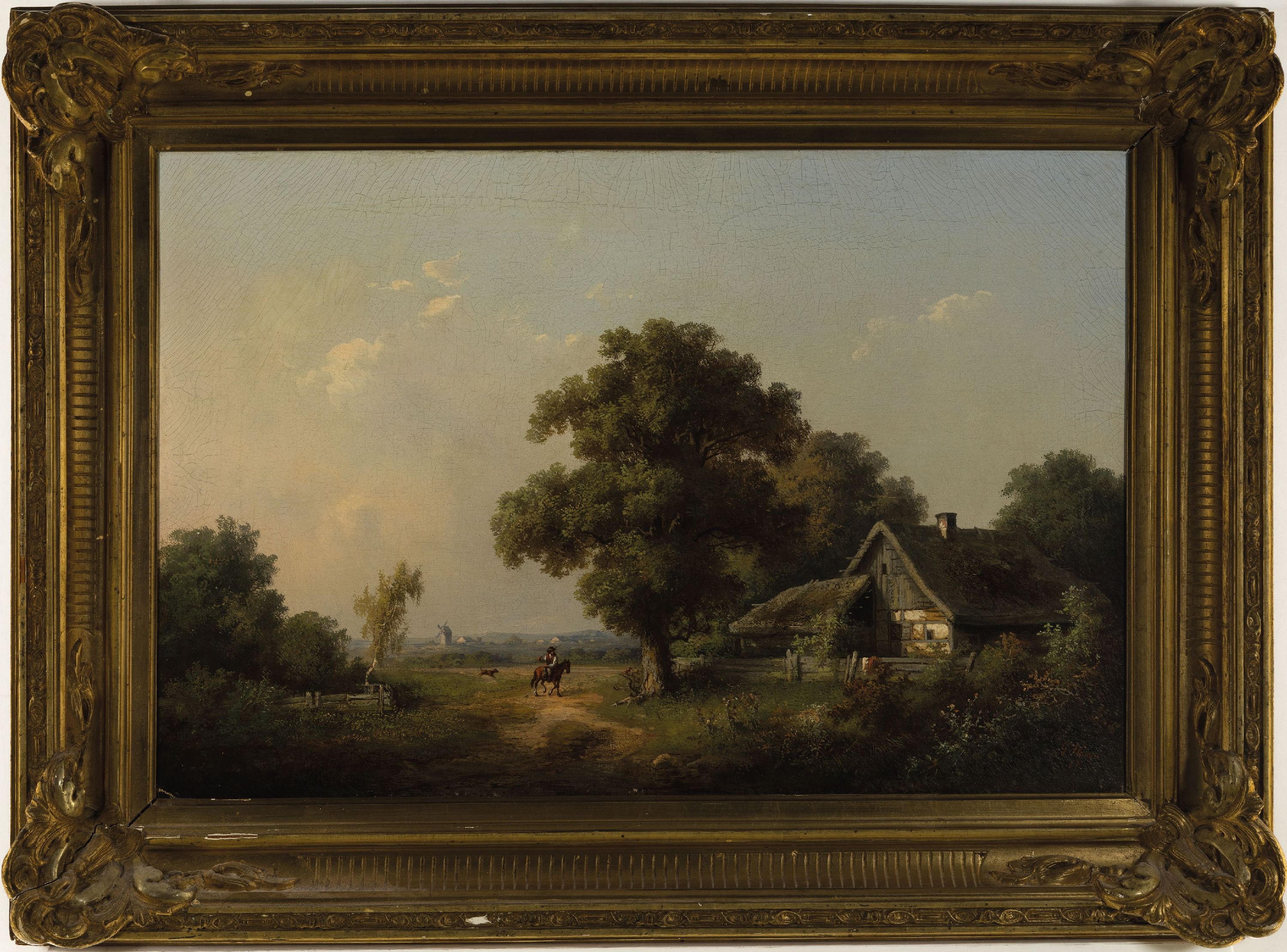 Detail k: Guido Hampe, 1839-1902, Landschaft mit Bauernhaus und Reiter, Öl/Lwd, kleiner Lwd.Schaden, rechts unten signiert und dat. 67, ca. 47x70cm, Rahmen ...