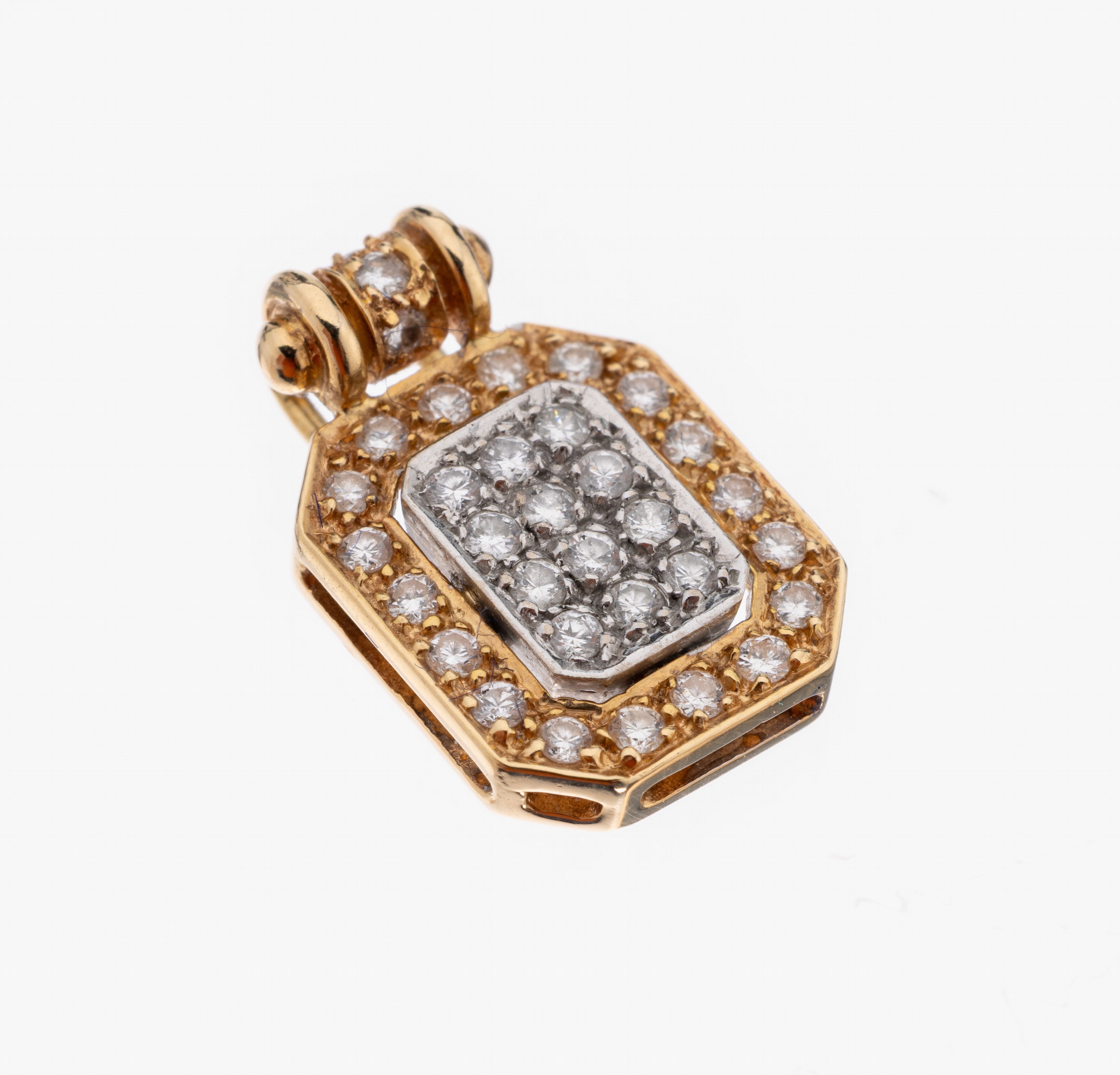 14 kt Gold Brillant-Anhänger, RG/WG 585/000, 33 Brillanten zus. ca. 0.33 ct Weiß/si, L. ca. 1.5 cm, ca. 2.4 g
