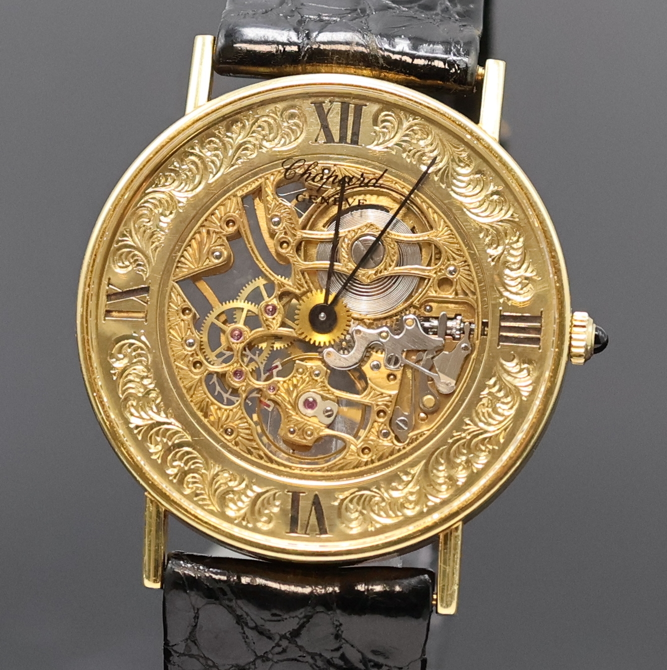 Detail a: CHOPARD seltene, feine und aufwändig skelettierte Armbanduhr in GG 750/000, Handaufzug, Schweiz 1990er Jahre, beids. vergl. 2-teil. Geh. inkl. orig. ...