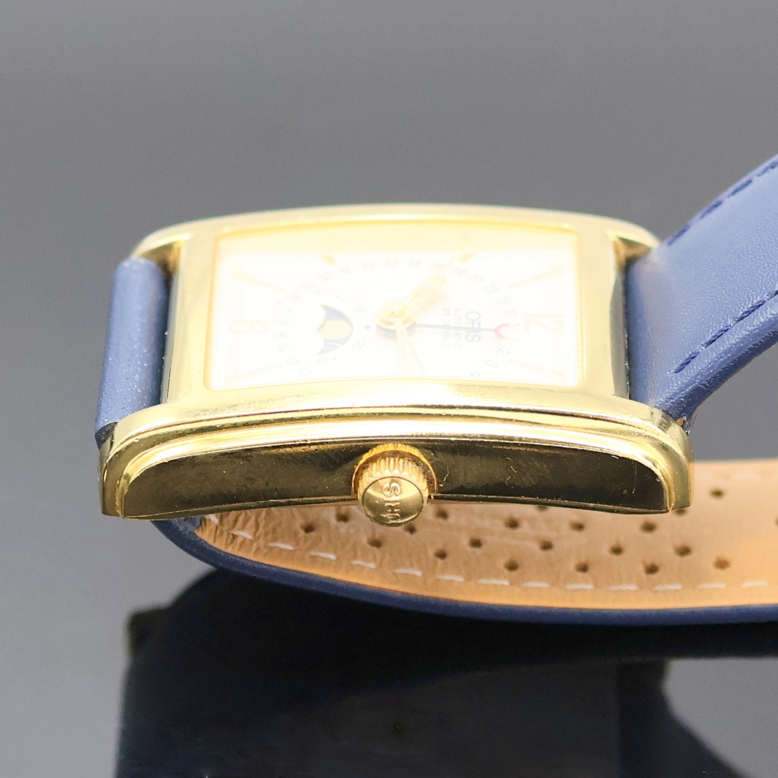 Detail c: ORIS Armbanduhr Referenz B7460, Automatik, Schweiz um 1997, verg. Edelstahlgeh. inkl. Lederband m. dopp. Faltschl., Boden 4-fach verschr., silb., z. ...