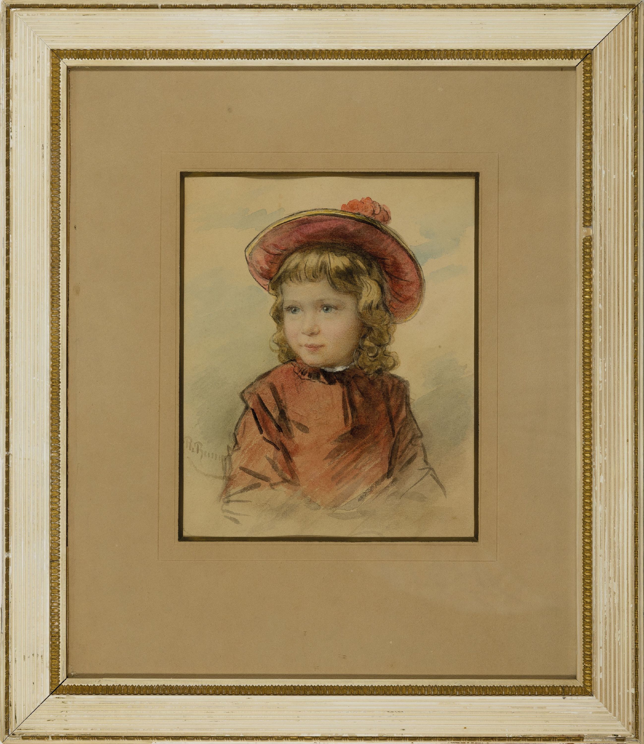 Detail k: Phillip Rumpf, 1821-1896, aquarellierte Zeichnung, Bildnis eines blonden Mädchens mit rotem Kleid und Mütze, links signiert, unter PP und Glas ...