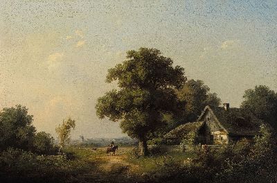 Image Guido Hampe, 1839-1902, Landschaft mit Bauernhaus und Reiter, Öl/Lwd, kleiner ...