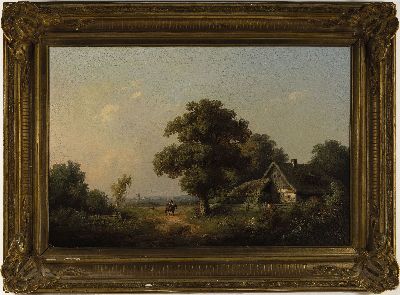 26964000k - Guido Hampe, 1839-1902, Landschaft mit Bauernhaus und Reiter, Öl/Lwd, kleiner ...