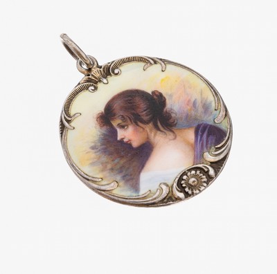 Image Jugendstil Anhänger mit Miniaturmalerei, um 1900, Silber gepr., Emailmalerei, ...